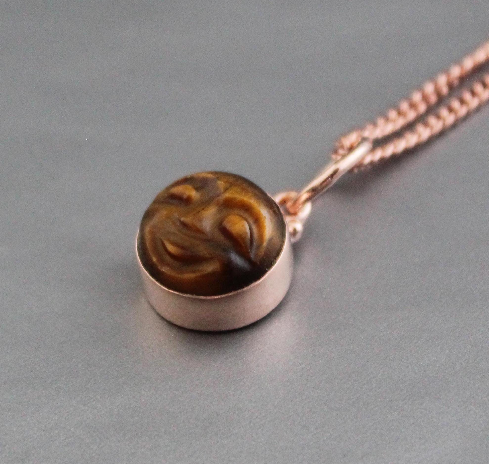 Tiger's Eye Moon Necklace, Rose Gold Sterling Silver, Celestial Pendant, Vintage Gemstone Jewelry, Minimalist Boho Necklace