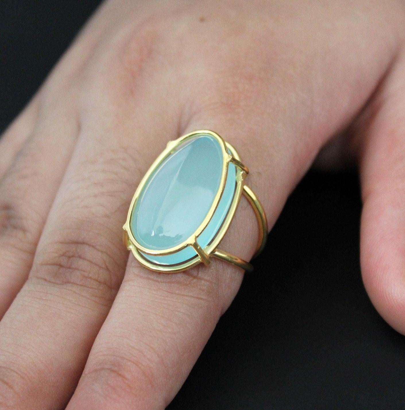 Aqua Chalcedony Sterling Silver Ring, Oval Gemstone, 18K Gold Filled 925 Sterling Silver Ring, Handmade Wedding Jewelry, Gift Ring