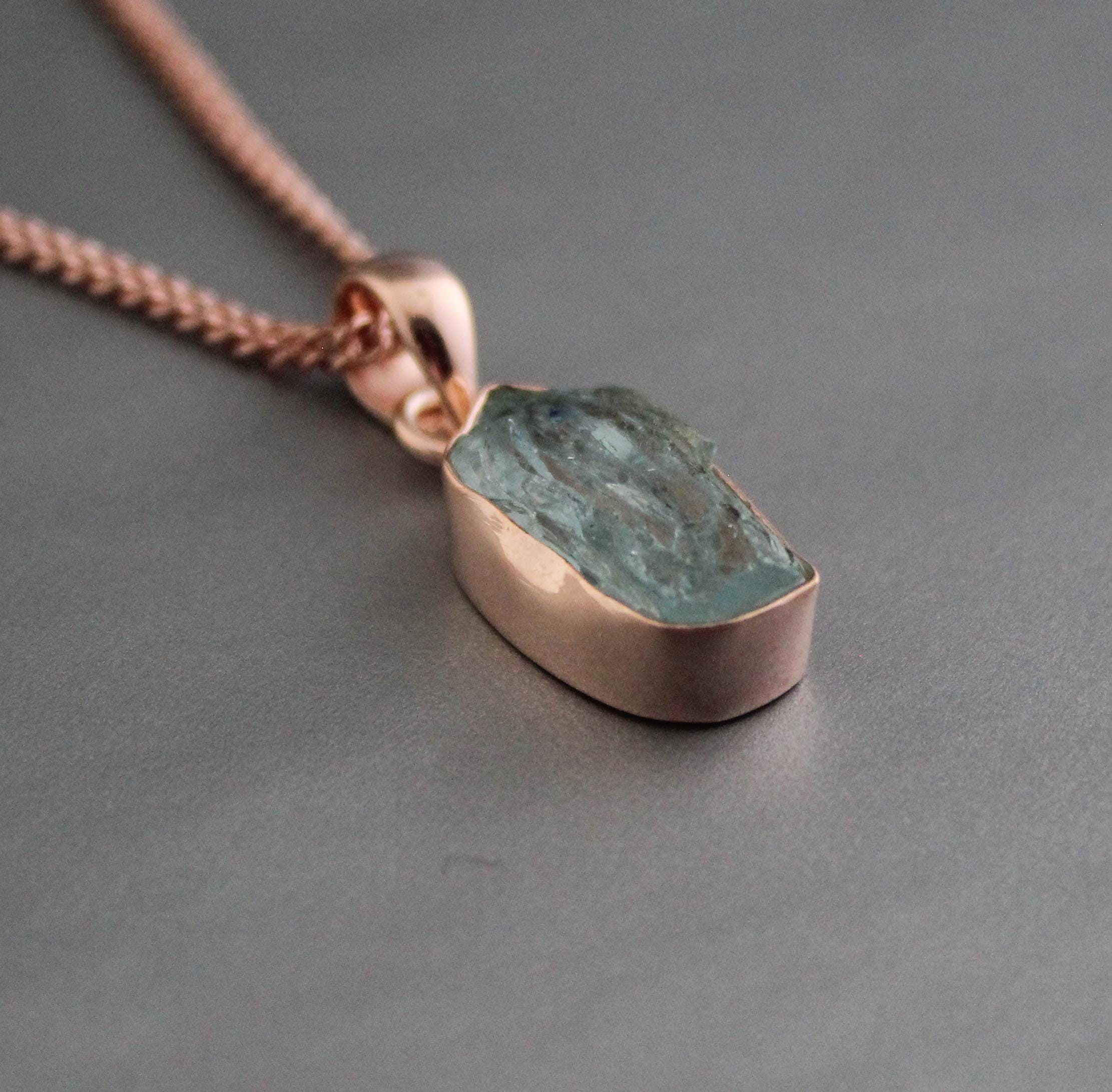 Raw Aquamarine Necklace: Rose Gold Sterling Silver, March Birthstone