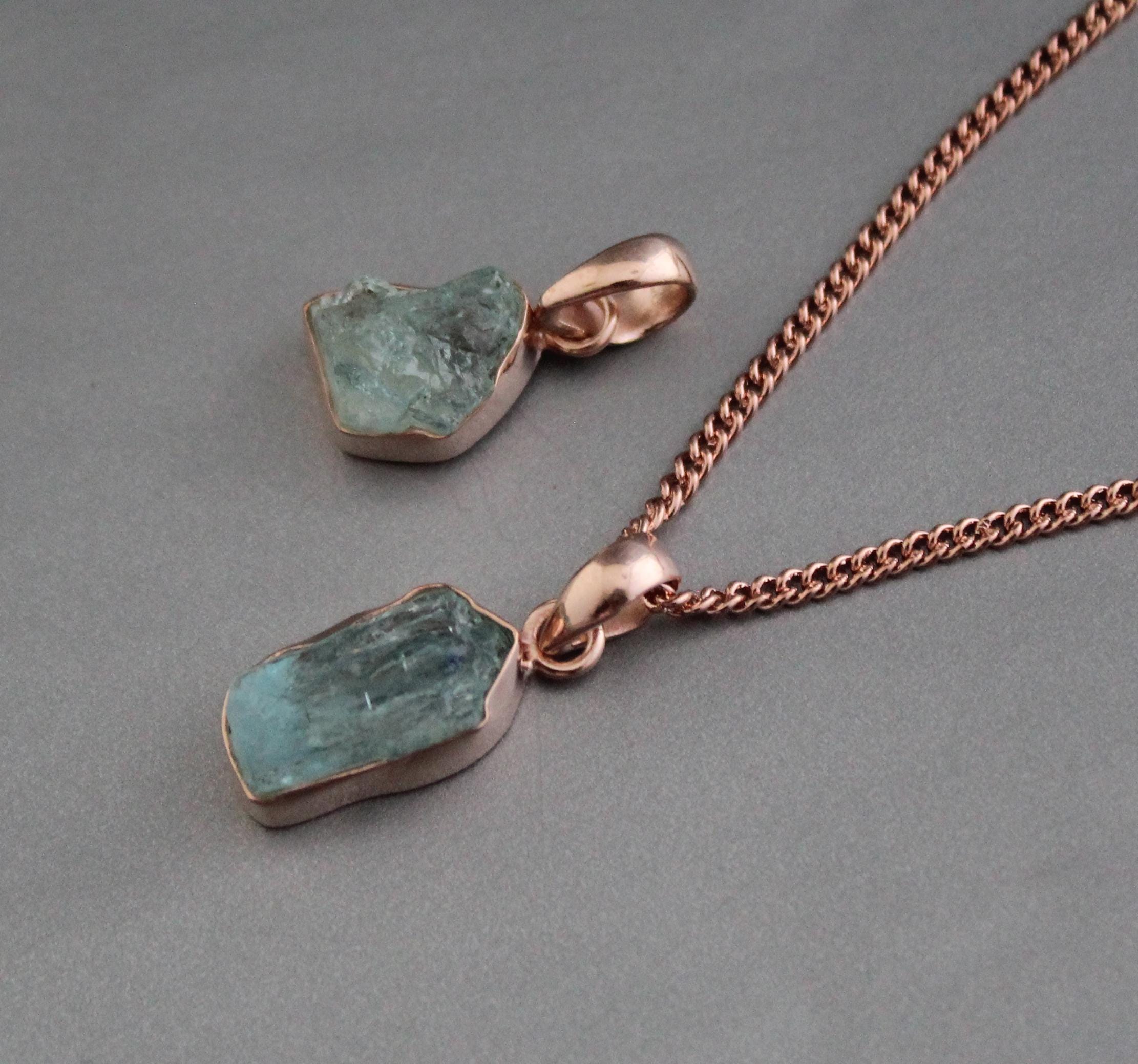 Raw Aquamarine Necklace: Rose Gold Sterling Silver, March Birthstone