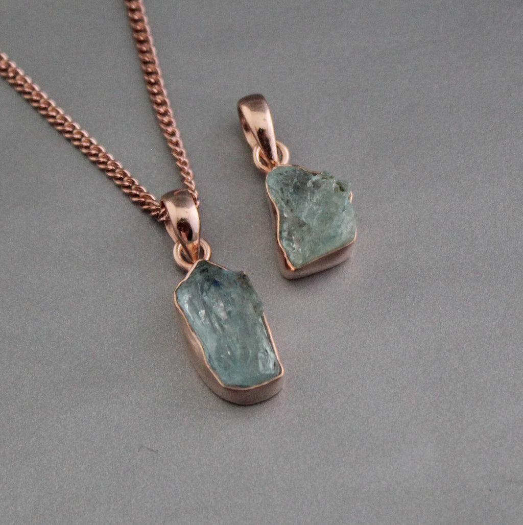 Raw Aquamarine Necklace: Rose Gold Sterling Silver, March Birthstone