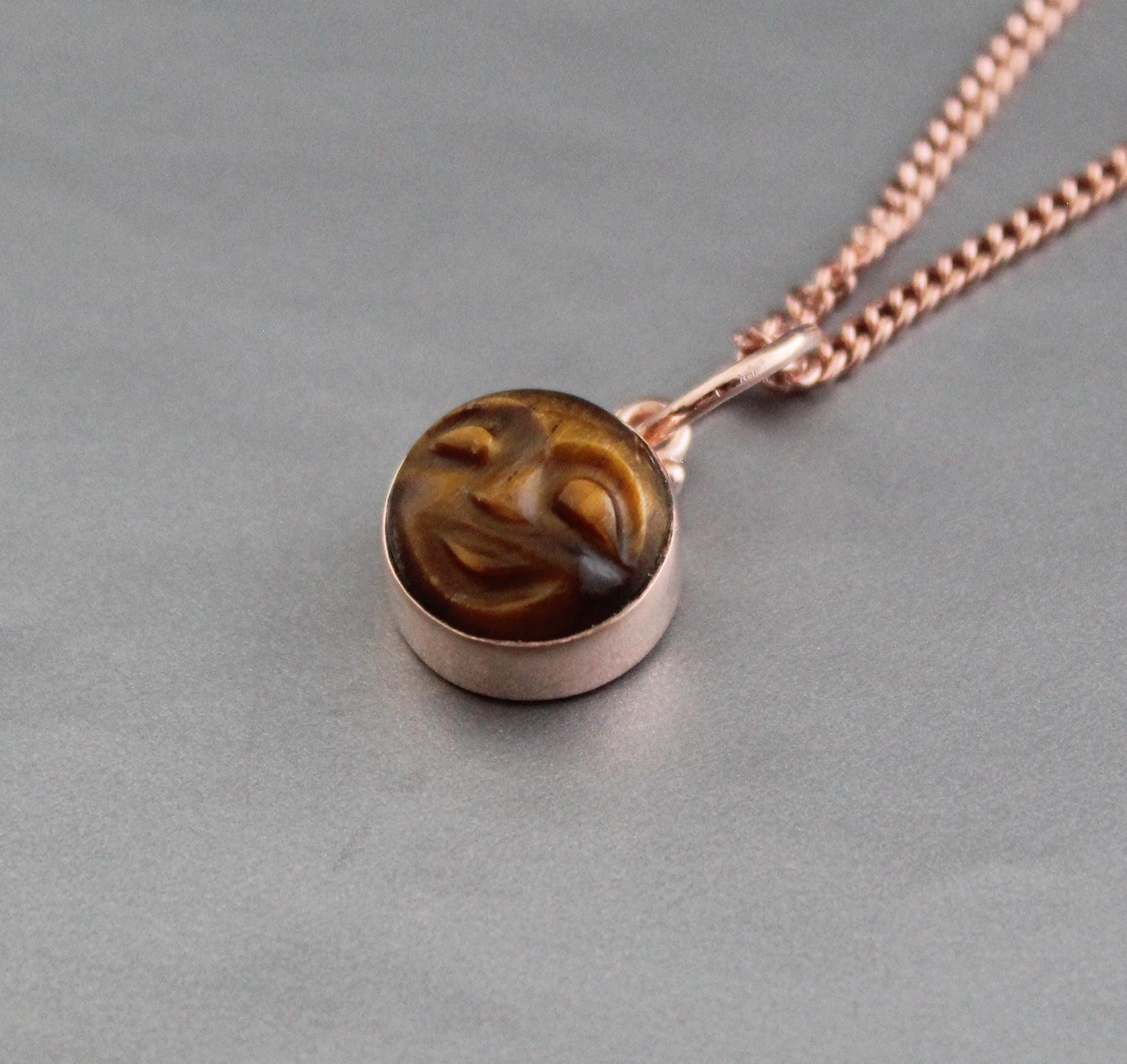 Tiger's Eye Moon Necklace, Rose Gold Sterling Silver, Celestial Pendant, Vintage Gemstone Jewelry, Minimalist Boho Necklace