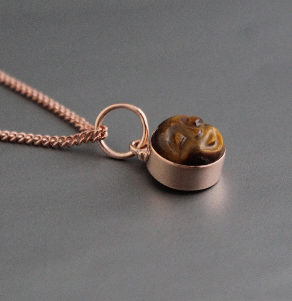 Tiger's Eye Moon Necklace, Rose Gold Sterling Silver, Celestial Pendant, Vintage Gemstone Jewelry, Minimalist Boho Necklace