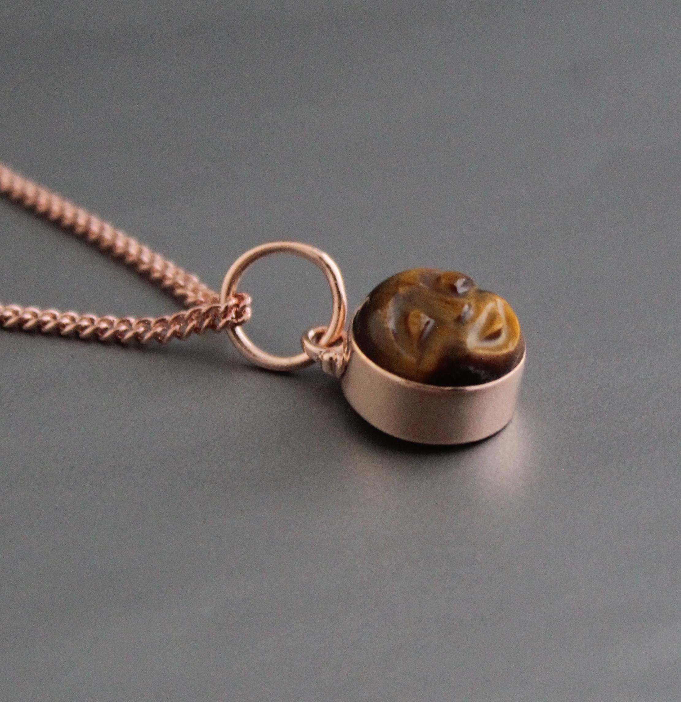 Tiger's Eye Moon Necklace, Rose Gold Sterling Silver, Celestial Pendant, Vintage Gemstone Jewelry, Minimalist Boho Necklace