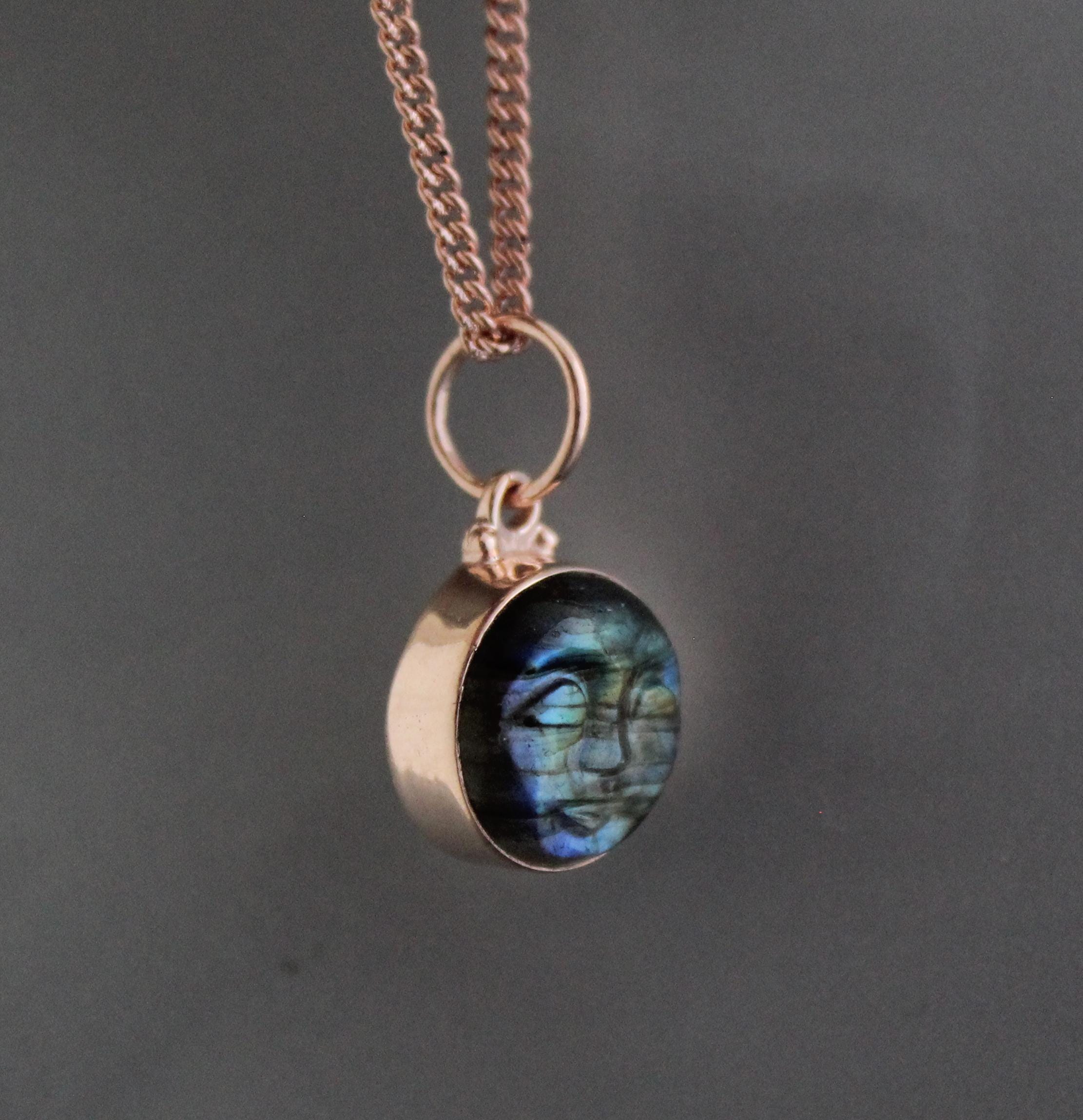 Handmade Rose Gold Labradorite Necklace, Sterling Silver Moon Face Pendant, Crystal Jewelry, Gold vermiel, Gift for her