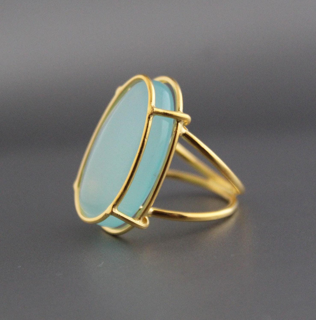 Aqua Chalcedony Sterling Silver Ring, Oval Gemstone, 18K Gold Filled 925 Sterling Silver Ring, Handmade Wedding Jewelry, Gift Ring