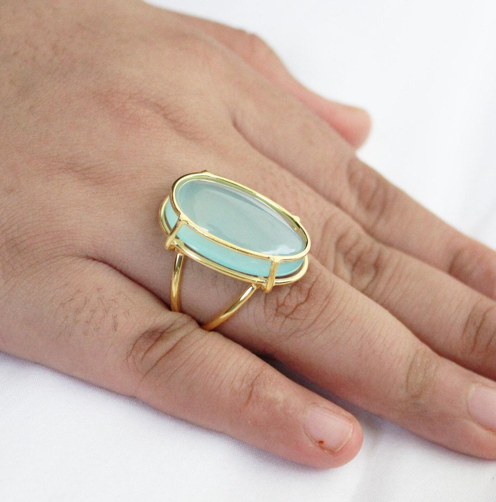 Aqua Chalcedony Sterling Silver Ring, Oval Gemstone, 18K Gold Filled 925 Sterling Silver Ring, Handmade Wedding Jewelry, Gift Ring