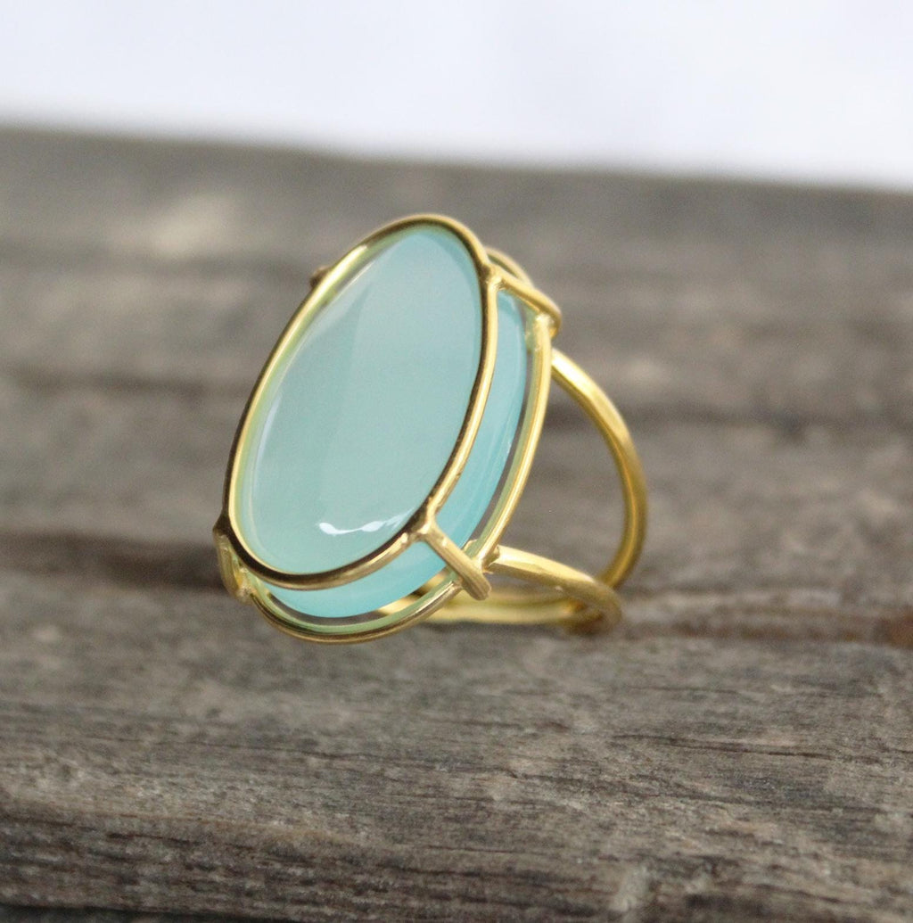 Aqua Chalcedony Sterling Silver Ring, Oval Gemstone, 18K Gold Filled 925 Sterling Silver Ring, Handmade Wedding Jewelry, Gift Ring