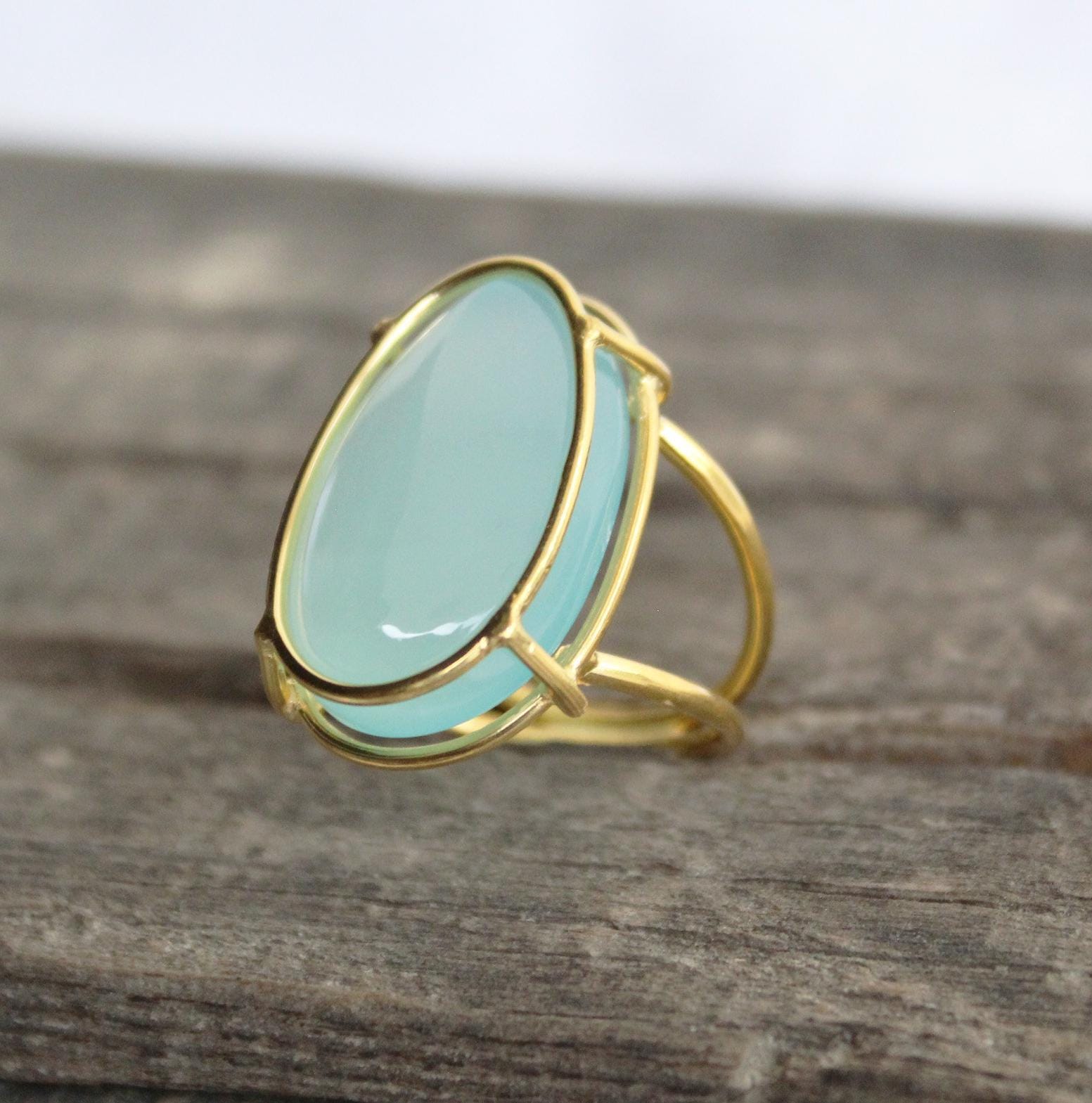 Aqua Chalcedony Sterling Silver Ring, Oval Gemstone, 18K Gold Filled 925 Sterling Silver Ring, Handmade Wedding Jewelry, Gift Ring