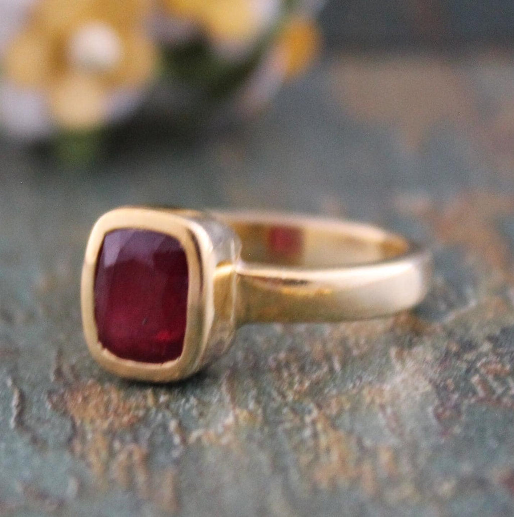 Natural Ruby Ring: Handmade 18K Gold Solitaire, Bohemian Statement Ring, Red Gemstone Ring, July Birthstone Jewelry