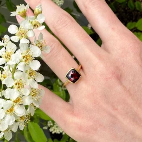 Handmade Cushion Garnet Ring, 18k Gold Plated Sterling Silver, Genuine Red Garnet Signet Ring, Garnet Gemstone Jewelry, Gift Ring