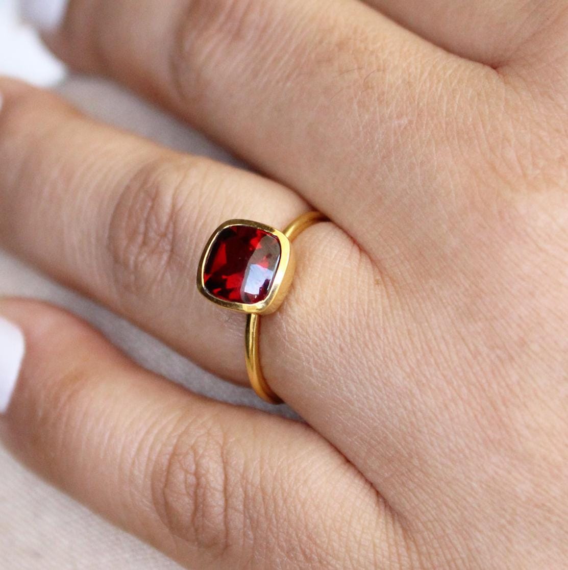 Handmade Cushion Garnet Ring, 18k Gold Plated Sterling Silver, Genuine Red Garnet Signet Ring, Garnet Gemstone Jewelry, Gift Ring
