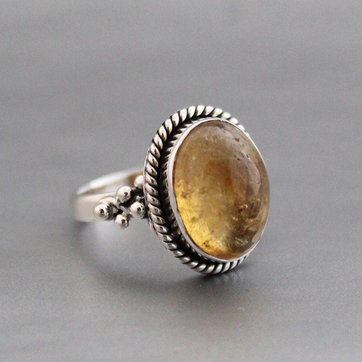 Citrine Ring: Oval Cabochon, Sterling Silver, November Birthstone, Handmade Citrine Jewelry, Yellow Gemstone Ring, Silver Statement Ring