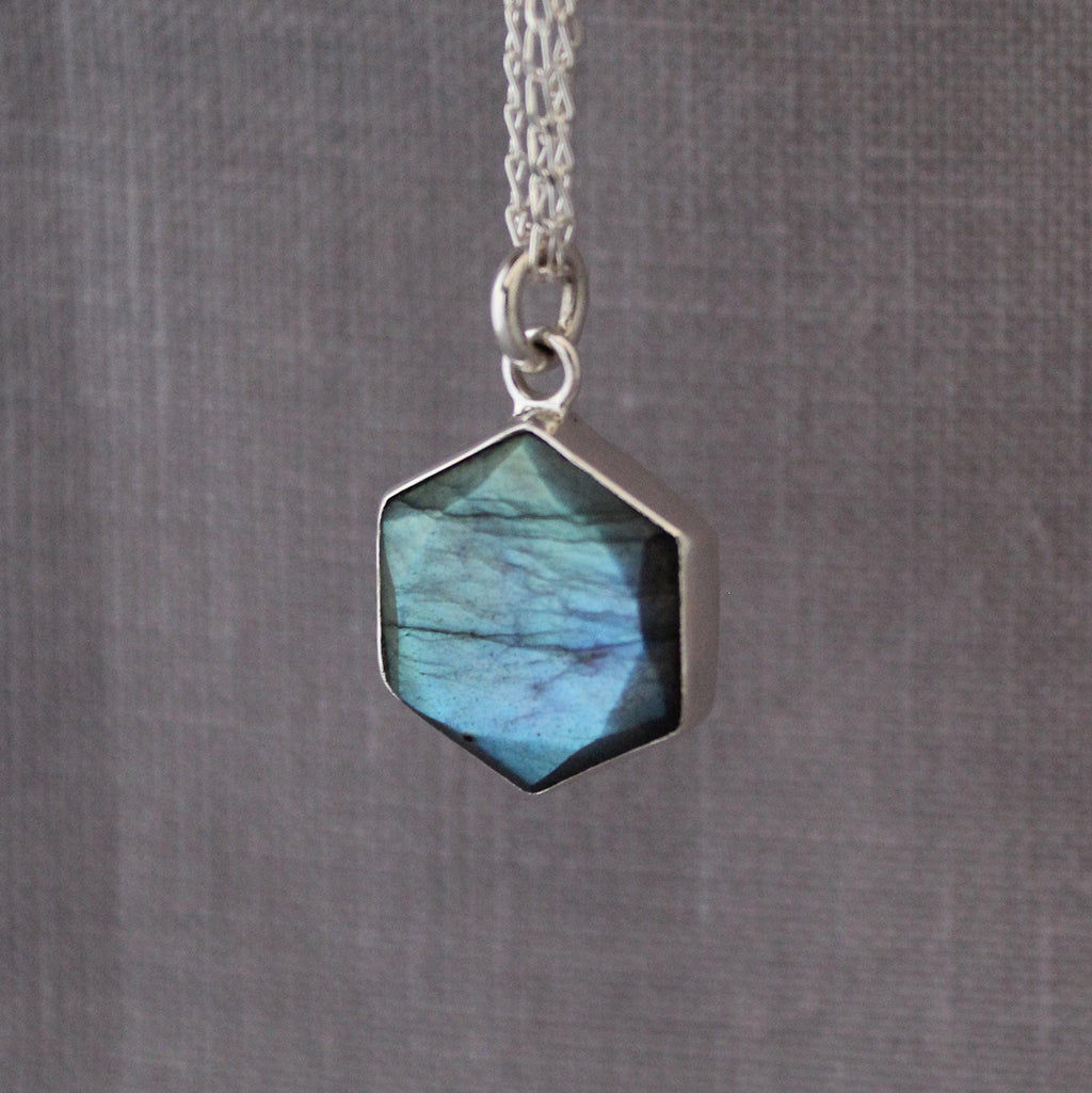 Labradorite Sterling Silver Necklace: Hexagon Gemstone Pendant