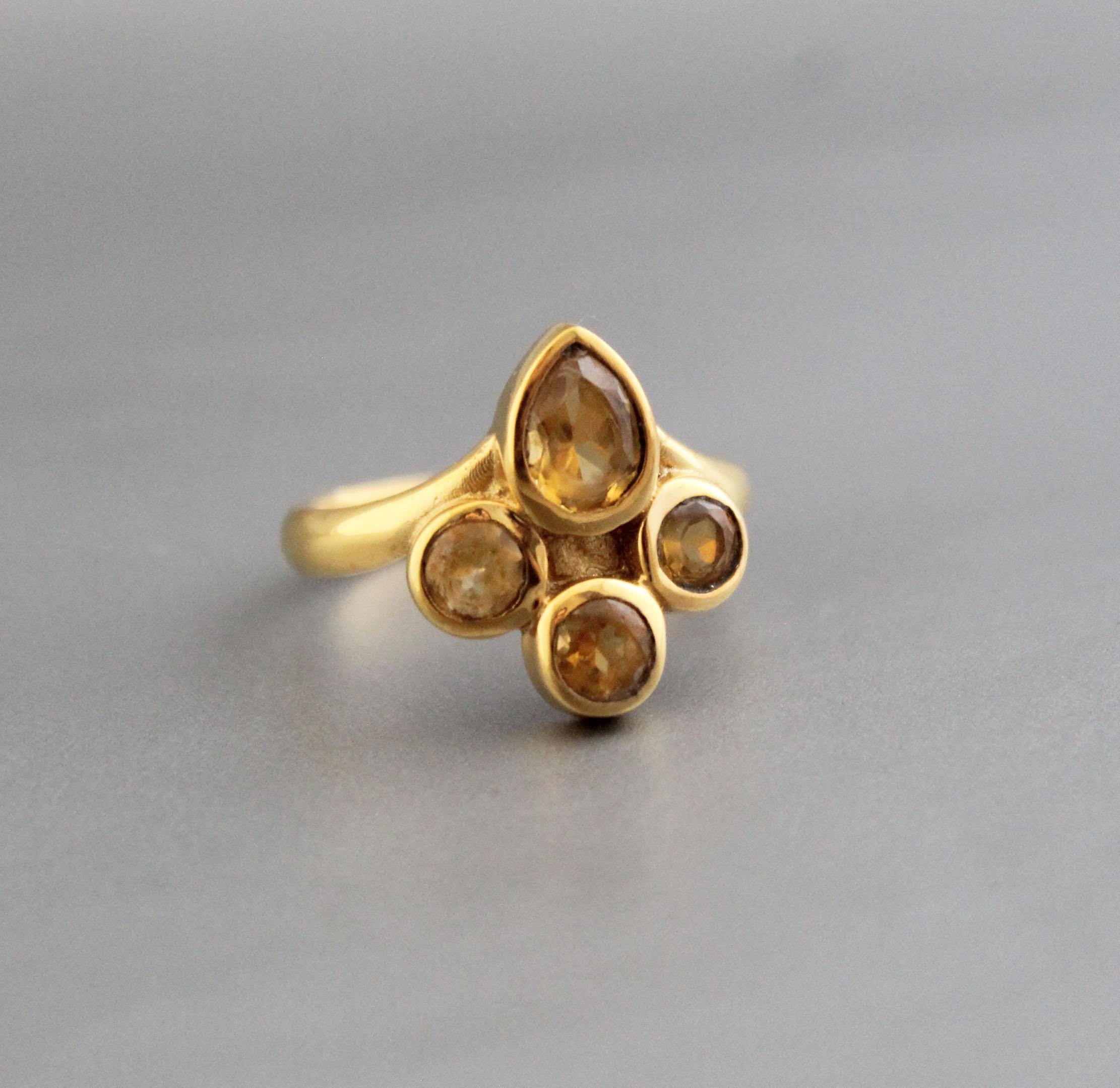 Gold Micron Plated Citrine Ring, Pear & Round Stone, November Birthstone, 925 Sterling Silver Ring, Engagement Ring, Anniversary Gift