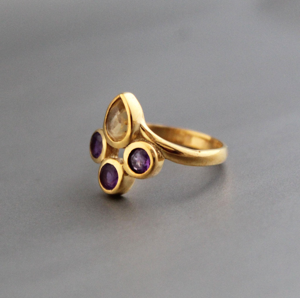 Gold Plated Citrine Amethyst Ring, Dainty Stacking Jewelry, Multi Stone Ring, Personalized Gift, November Birthstone