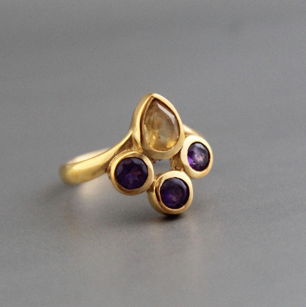 Gold Plated Citrine Amethyst Ring, Dainty Stacking Jewelry, Multi Stone Ring, Personalized Gift, November Birthstone