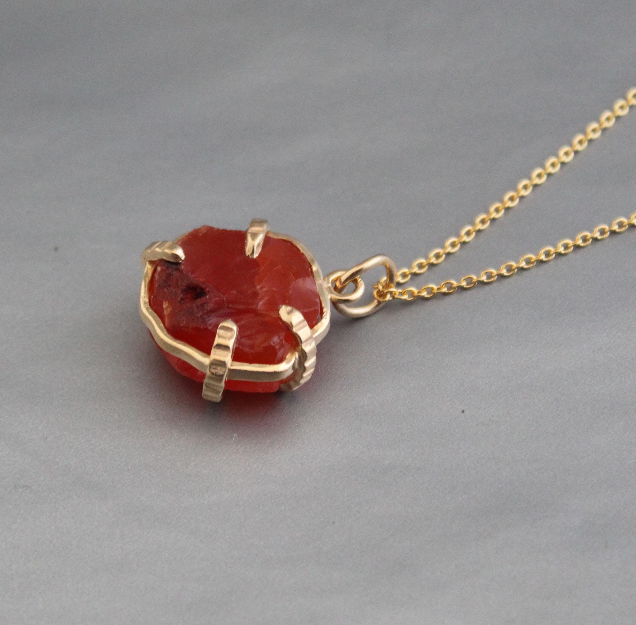 Raw Carnelian Sterling Silver Necklace, Chakra Healing Birthstone, 14K Gold vermiel,