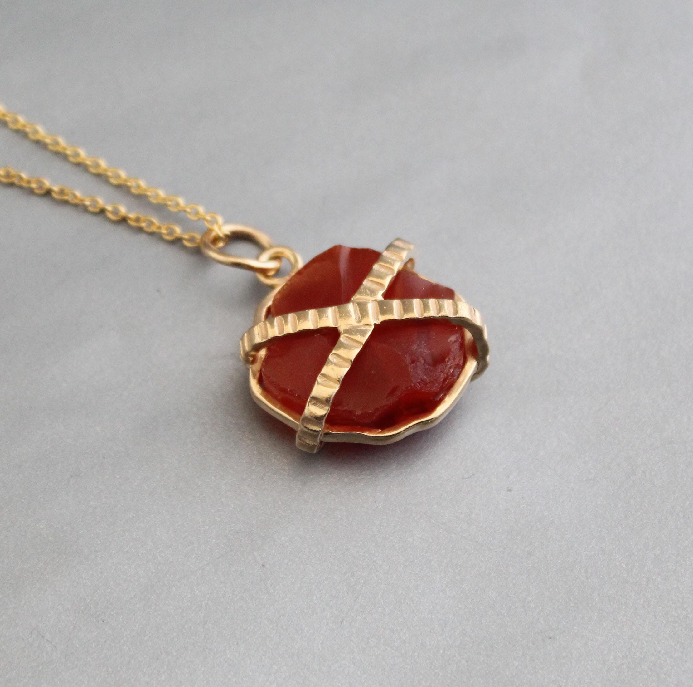 Raw Carnelian Sterling Silver Necklace, Chakra Healing Birthstone, 14K Gold vermiel,