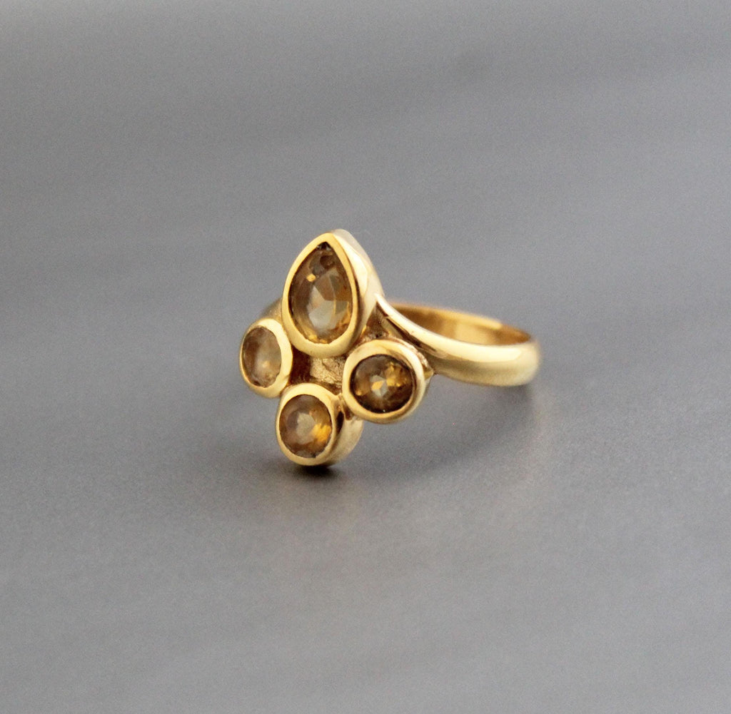 Gold Micron Plated Citrine Ring, Pear & Round Stone, November Birthstone, 925 Sterling Silver Ring, Engagement Ring, Anniversary Gift
