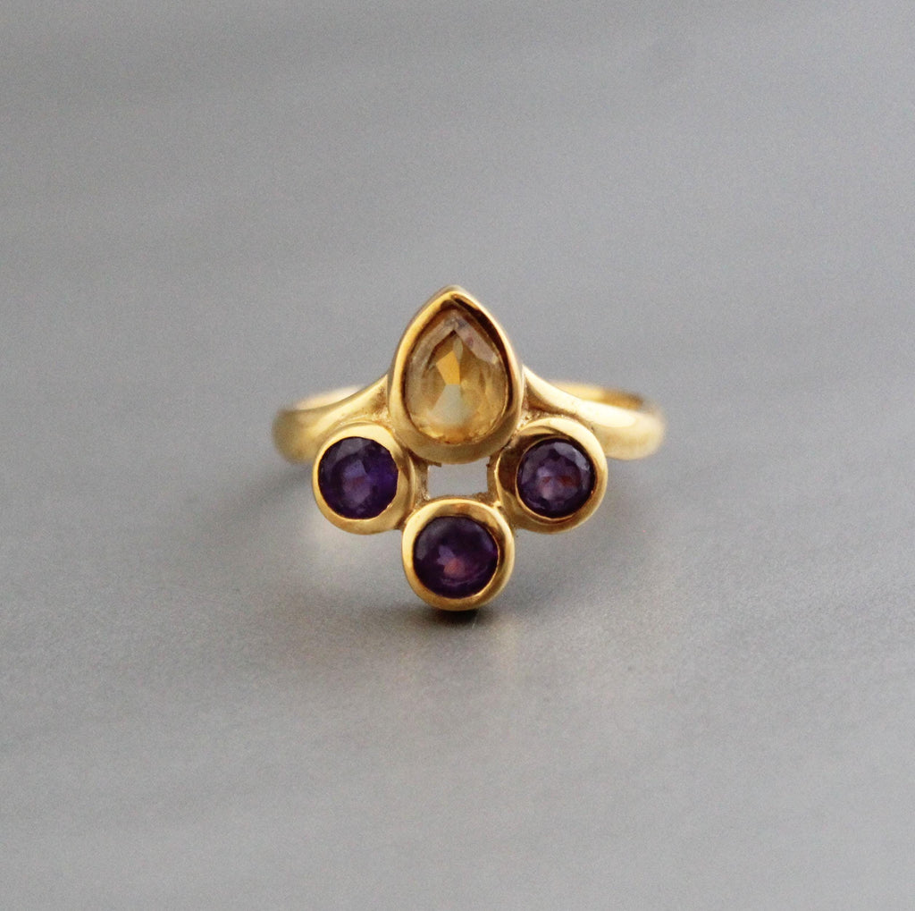 Gold Plated Citrine Amethyst Ring, Dainty Stacking Jewelry, Multi Stone Ring, Personalized Gift, November Birthstone