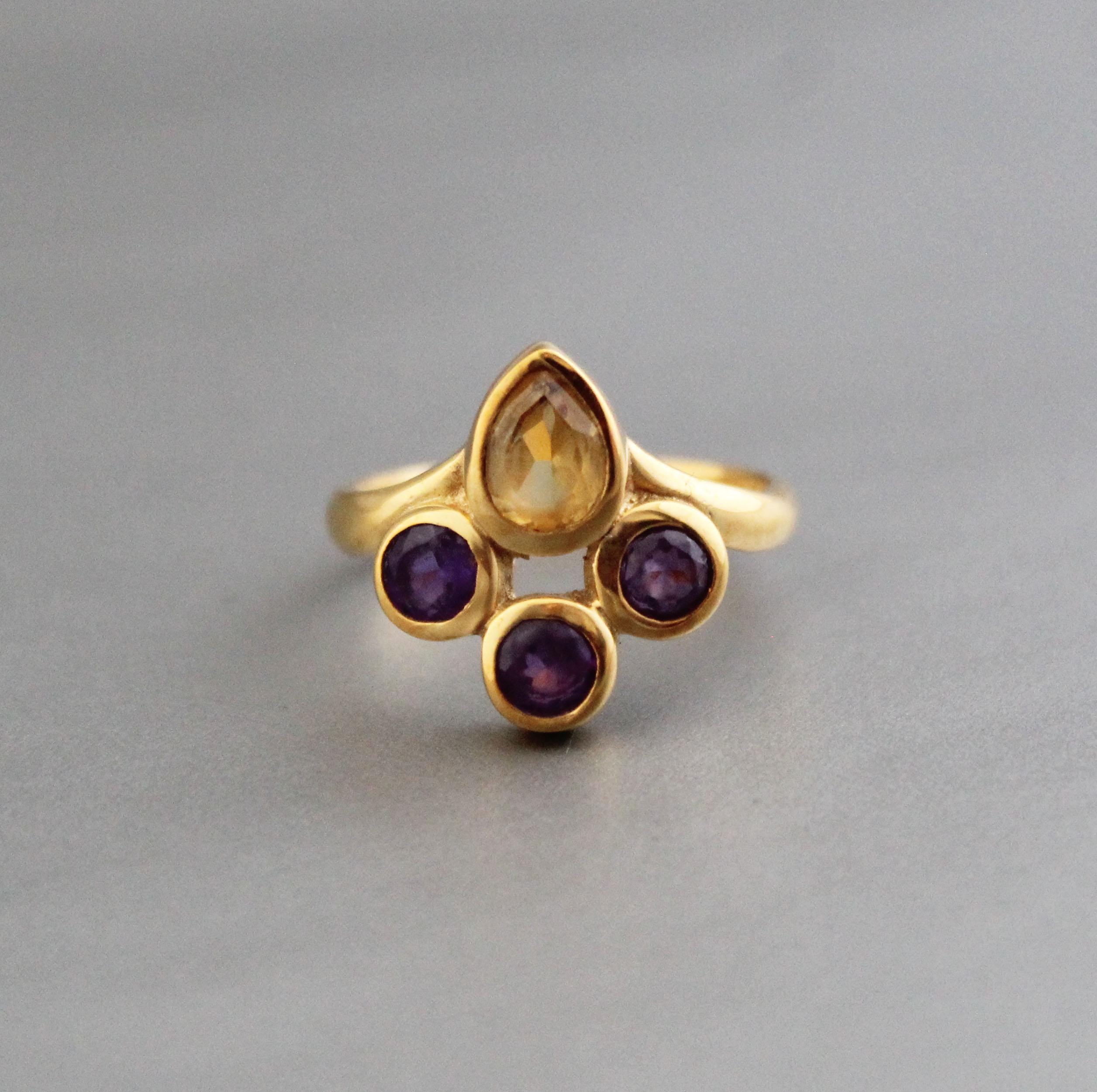 Gold Plated Citrine Amethyst Ring, Dainty Stacking Jewelry, Multi Stone Ring, Personalized Gift, November Birthstone