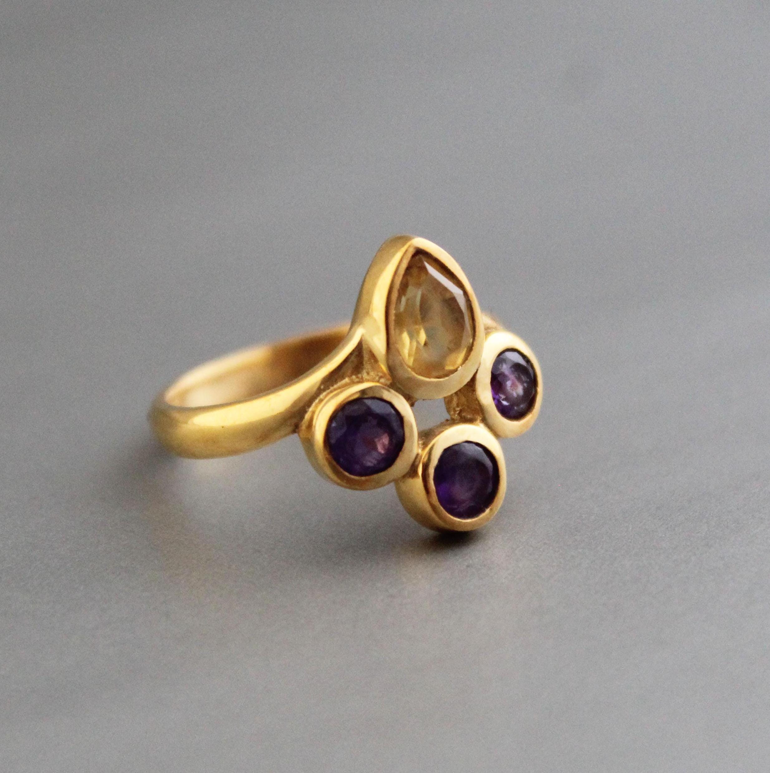 Gold Plated Citrine Amethyst Ring, Dainty Stacking Jewelry, Multi Stone Ring, Personalized Gift, November Birthstone