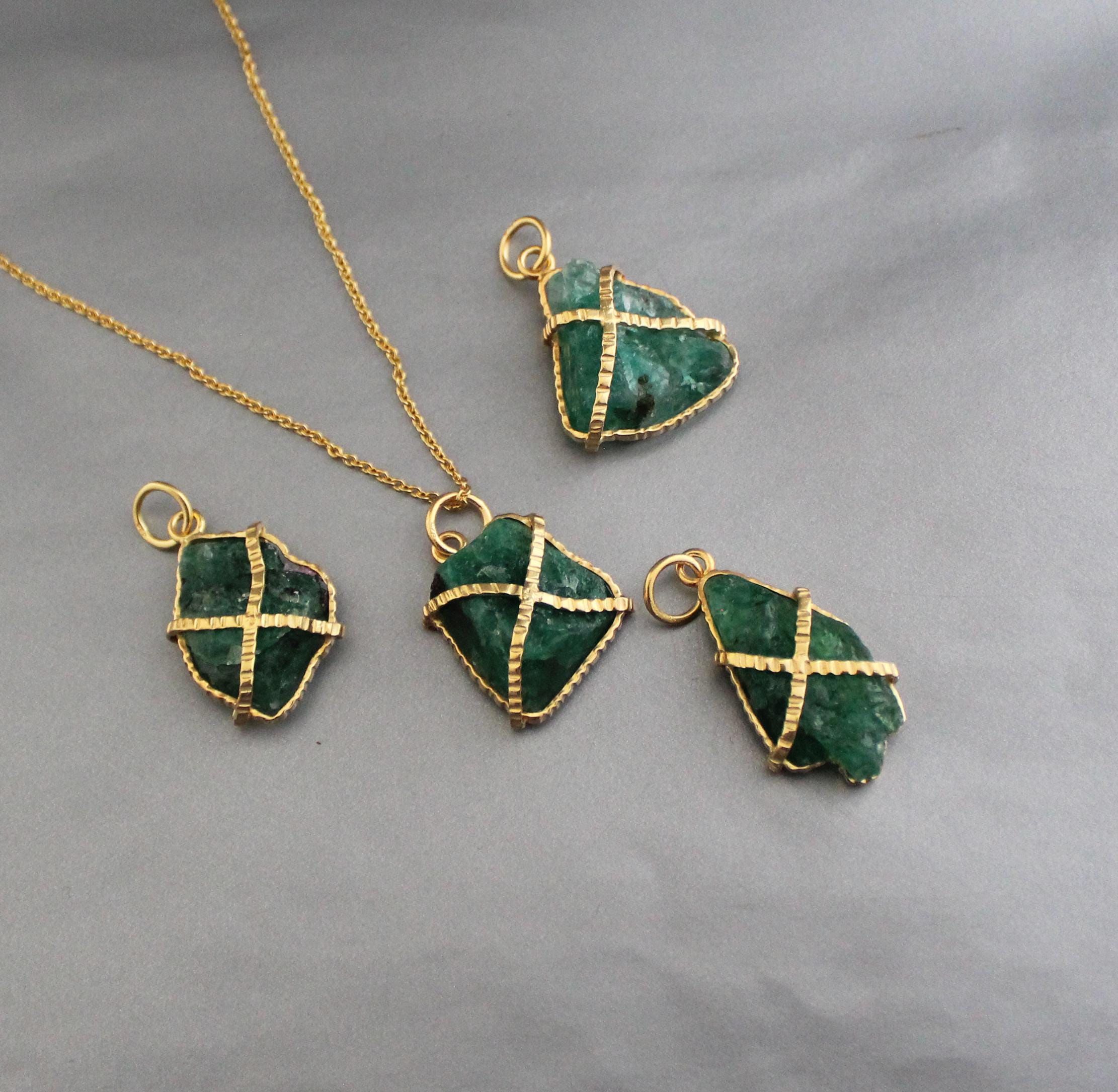 Raw Emerald Necklace: Sterling Silver Framed, May Birthstone