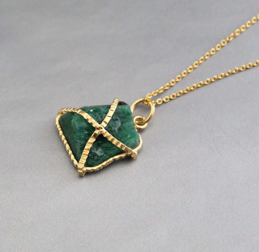 Raw Emerald Necklace: Sterling Silver Framed, May Birthstone