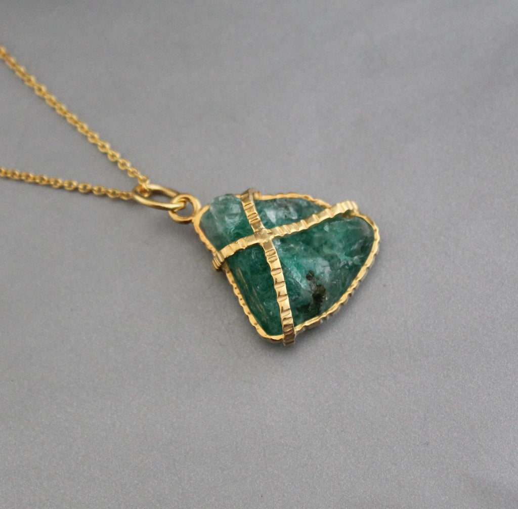 Raw Emerald Necklace: Sterling Silver Framed, May Birthstone