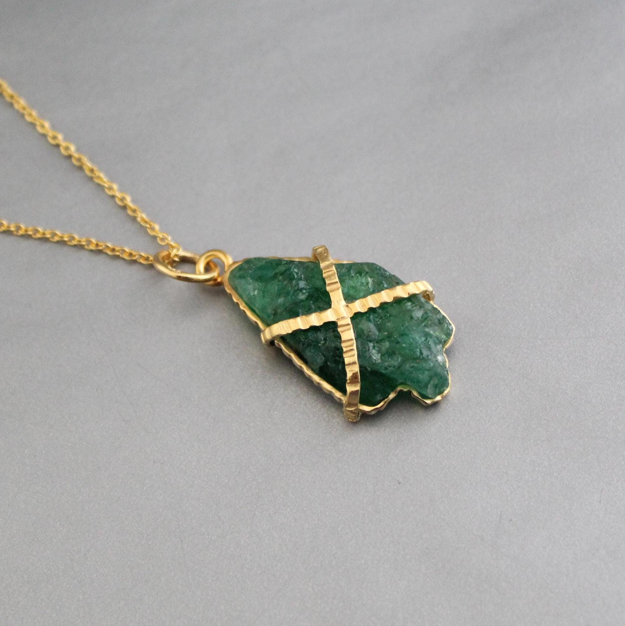 Raw Emerald Necklace: Sterling Silver Framed, May Birthstone