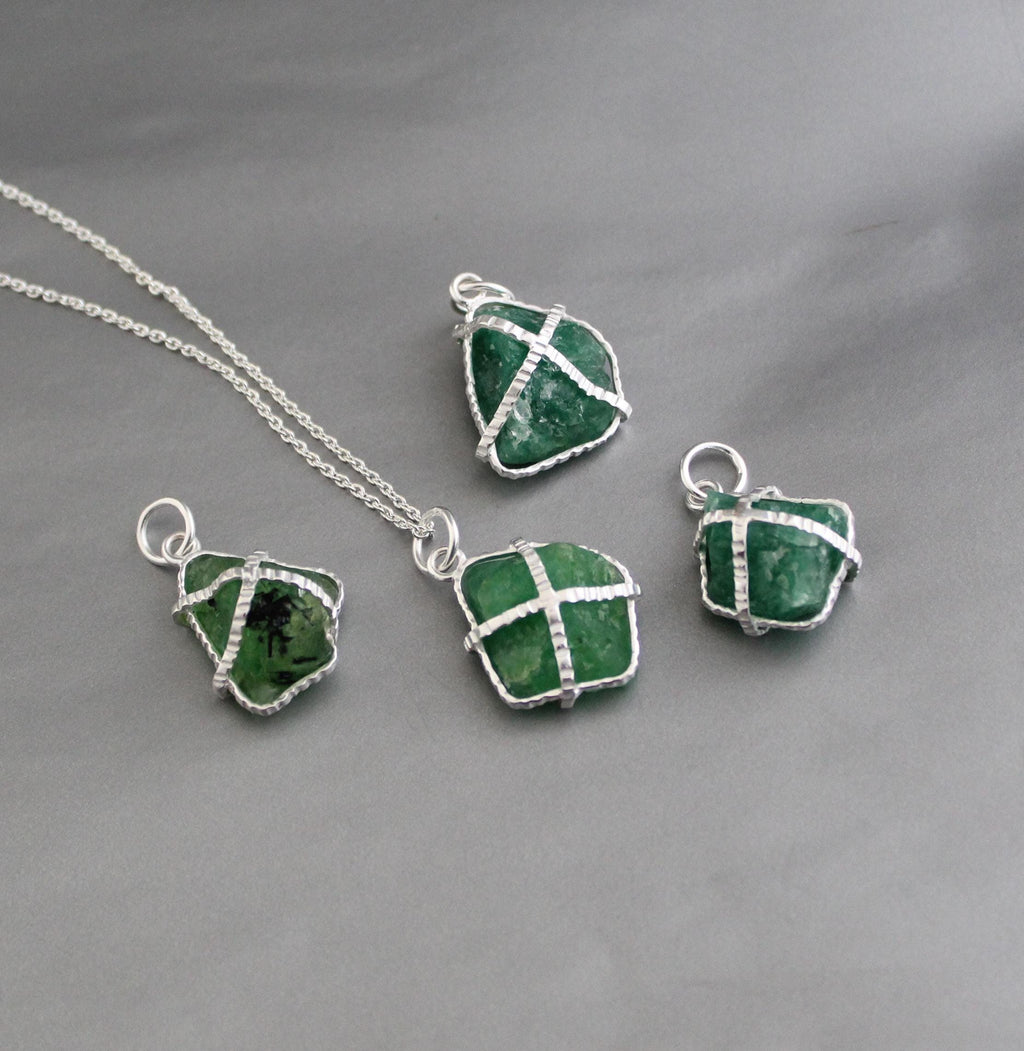 Raw Emerald Necklace, May Birthstone Necklace, Natural Gemstone Necklace, Sterling silver Necklace, Green Pendant, Handmade Jewelry