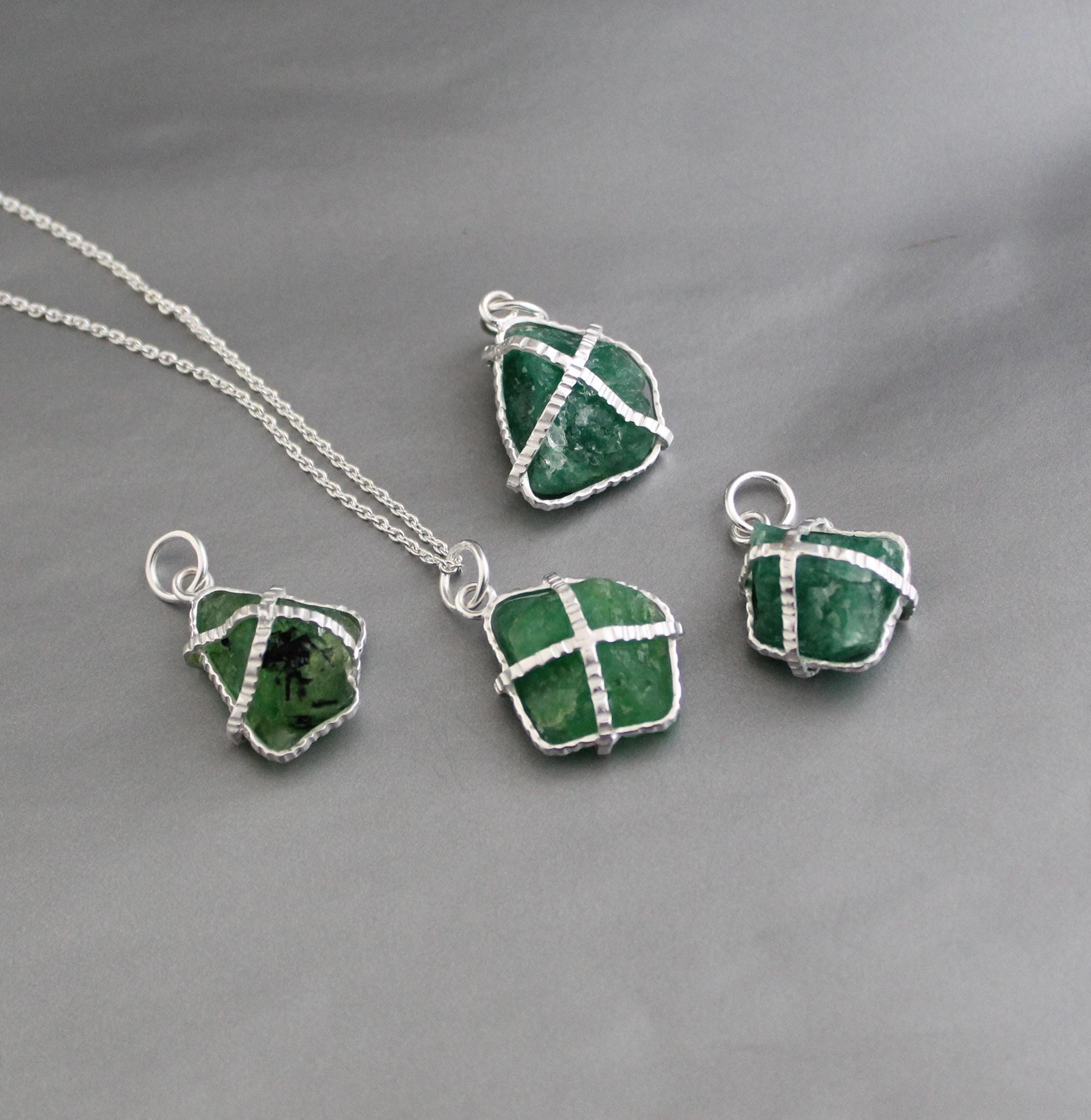 Raw Emerald Necklace, May Birthstone Necklace, Natural Gemstone Necklace, Sterling silver Necklace, Green Pendant, Handmade Jewelry