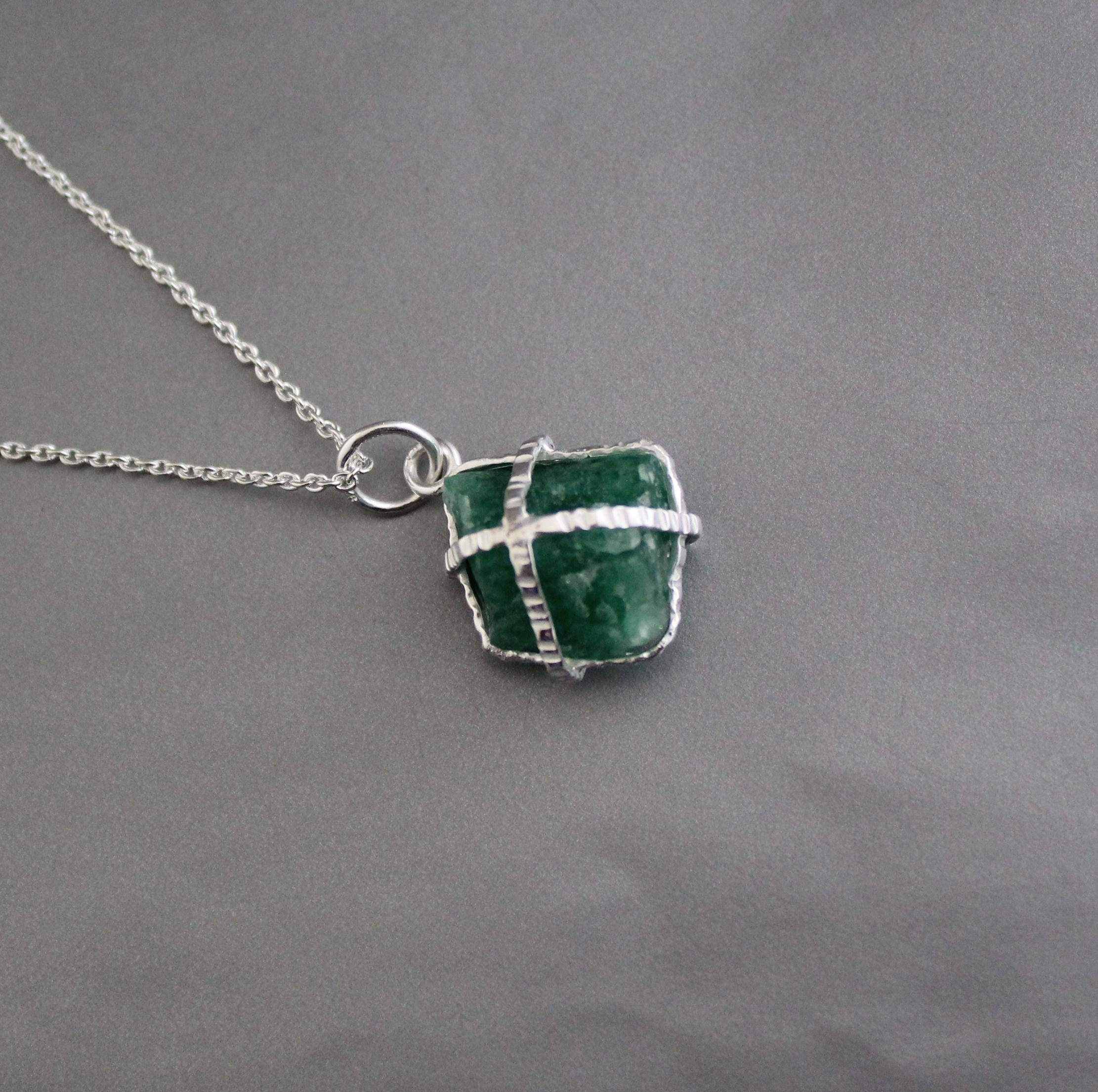 Raw Emerald Necklace, May Birthstone Necklace, Natural Gemstone Necklace, Sterling silver Necklace, Green Pendant, Handmade Jewelry