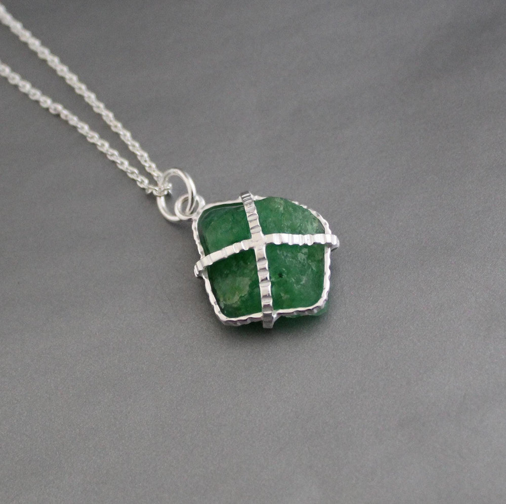 Raw Emerald Necklace, May Birthstone Necklace, Natural Gemstone Necklace, Sterling silver Necklace, Green Pendant, Handmade Jewelry