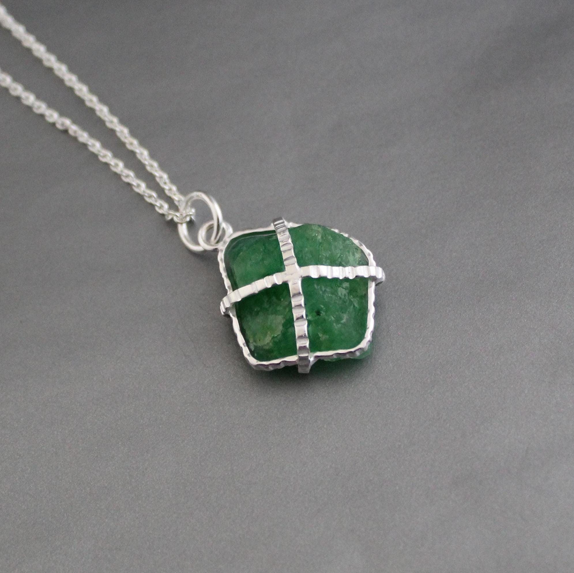 Raw Emerald Necklace, May Birthstone Necklace, Natural Gemstone Necklace, Sterling silver Necklace, Green Pendant, Handmade Jewelry