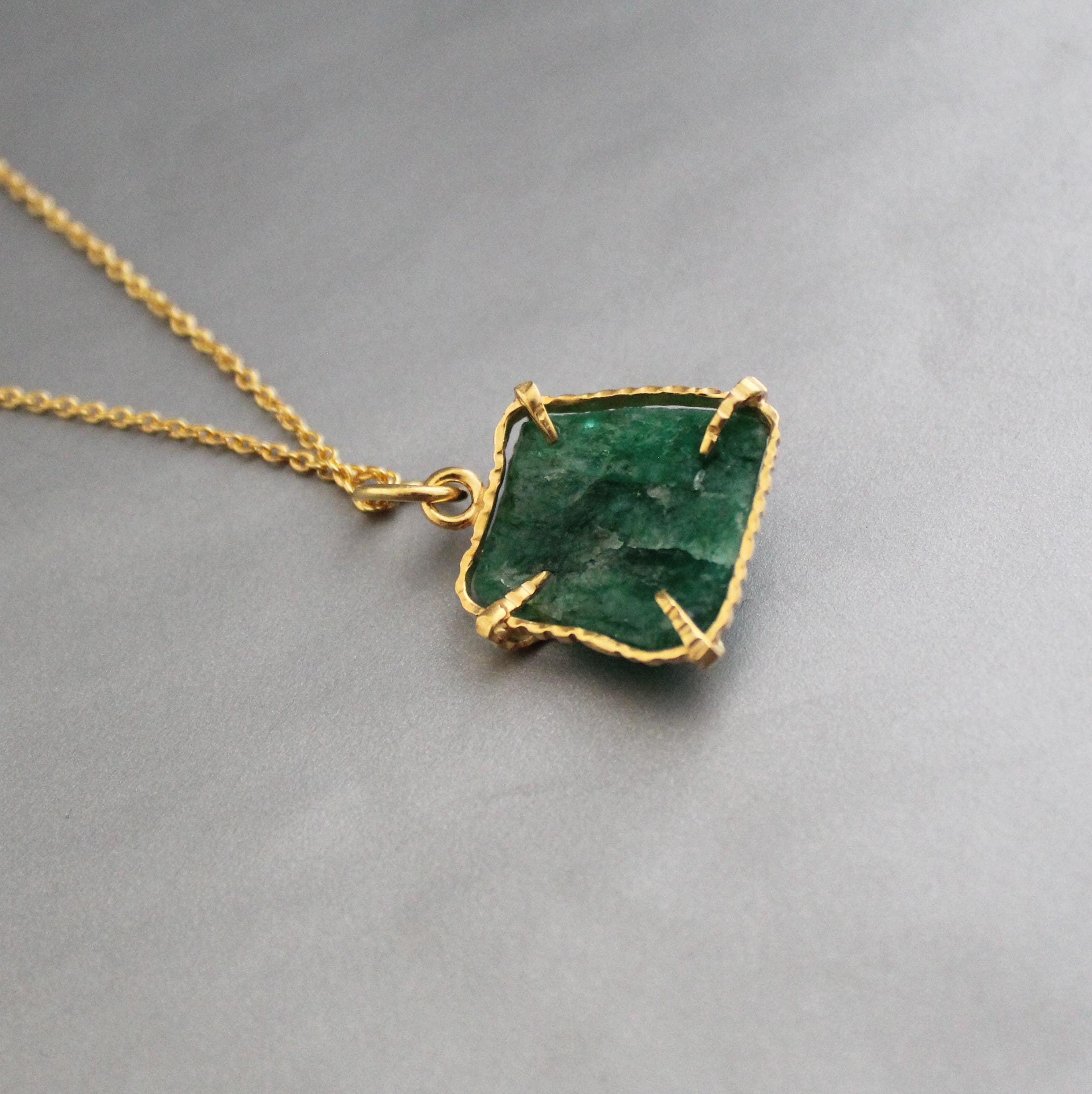 Raw Emerald Necklace: Sterling Silver Framed, May Birthstone