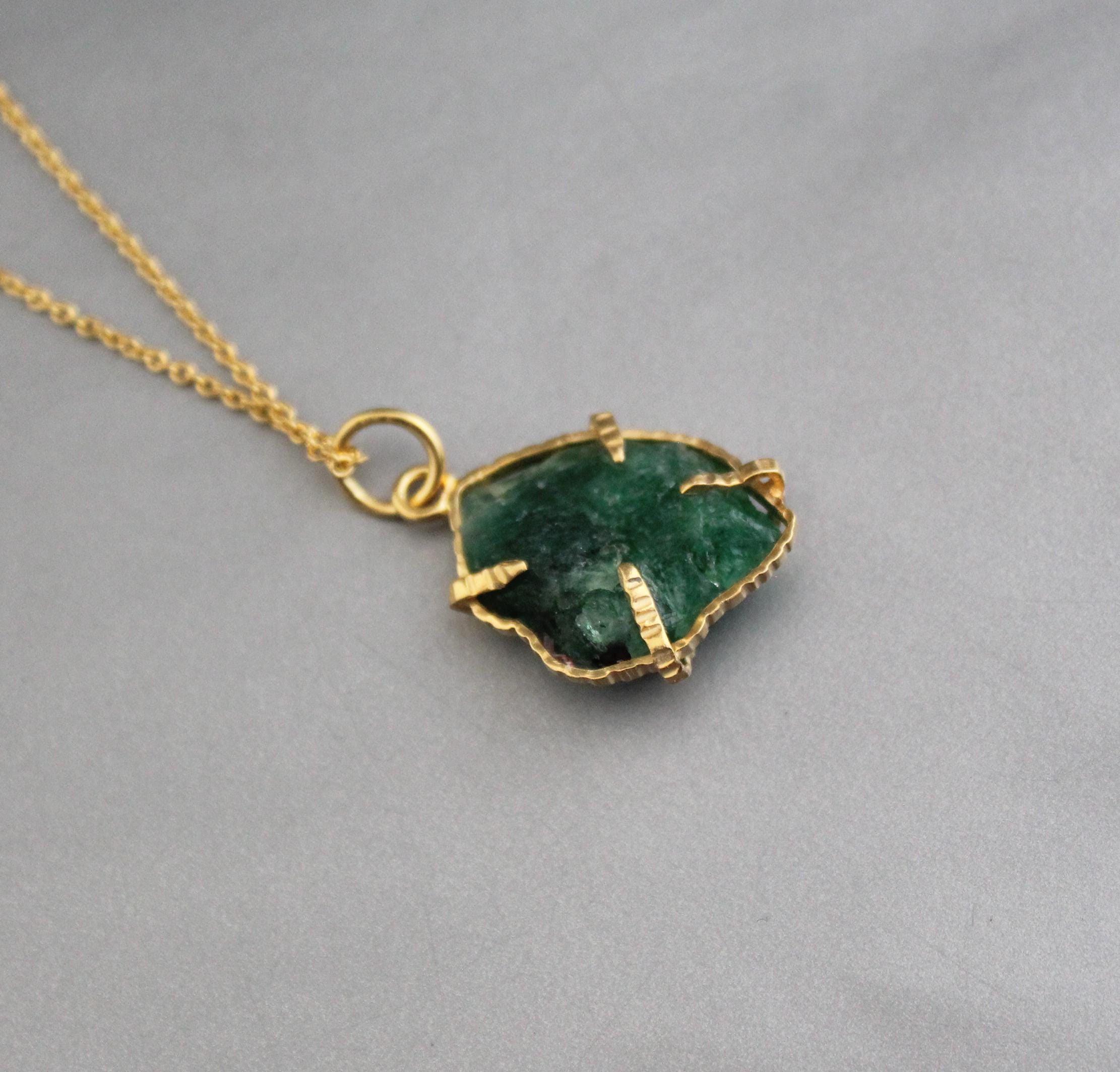 Raw Emerald Necklace: Sterling Silver Framed, May Birthstone