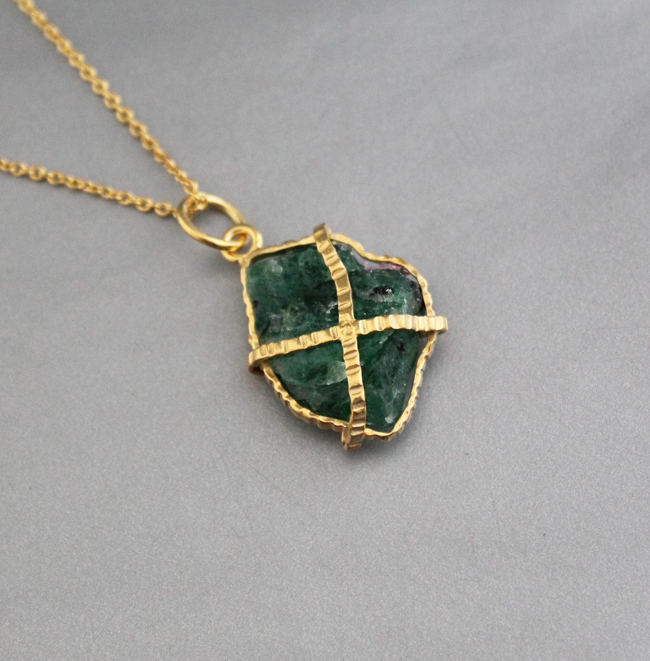 Raw Emerald Necklace: Sterling Silver Framed, May Birthstone