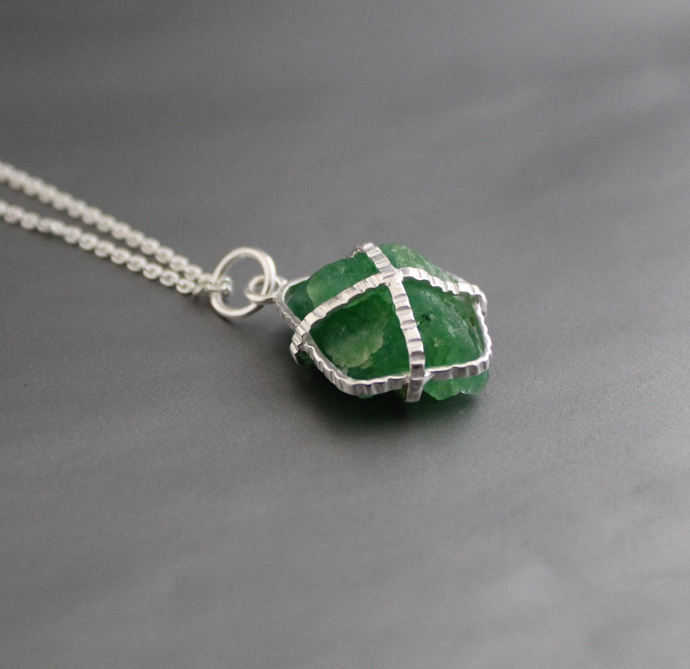 Raw Emerald Necklace, May Birthstone Necklace, Natural Gemstone Necklace, Sterling silver Necklace, Green Pendant, Handmade Jewelry