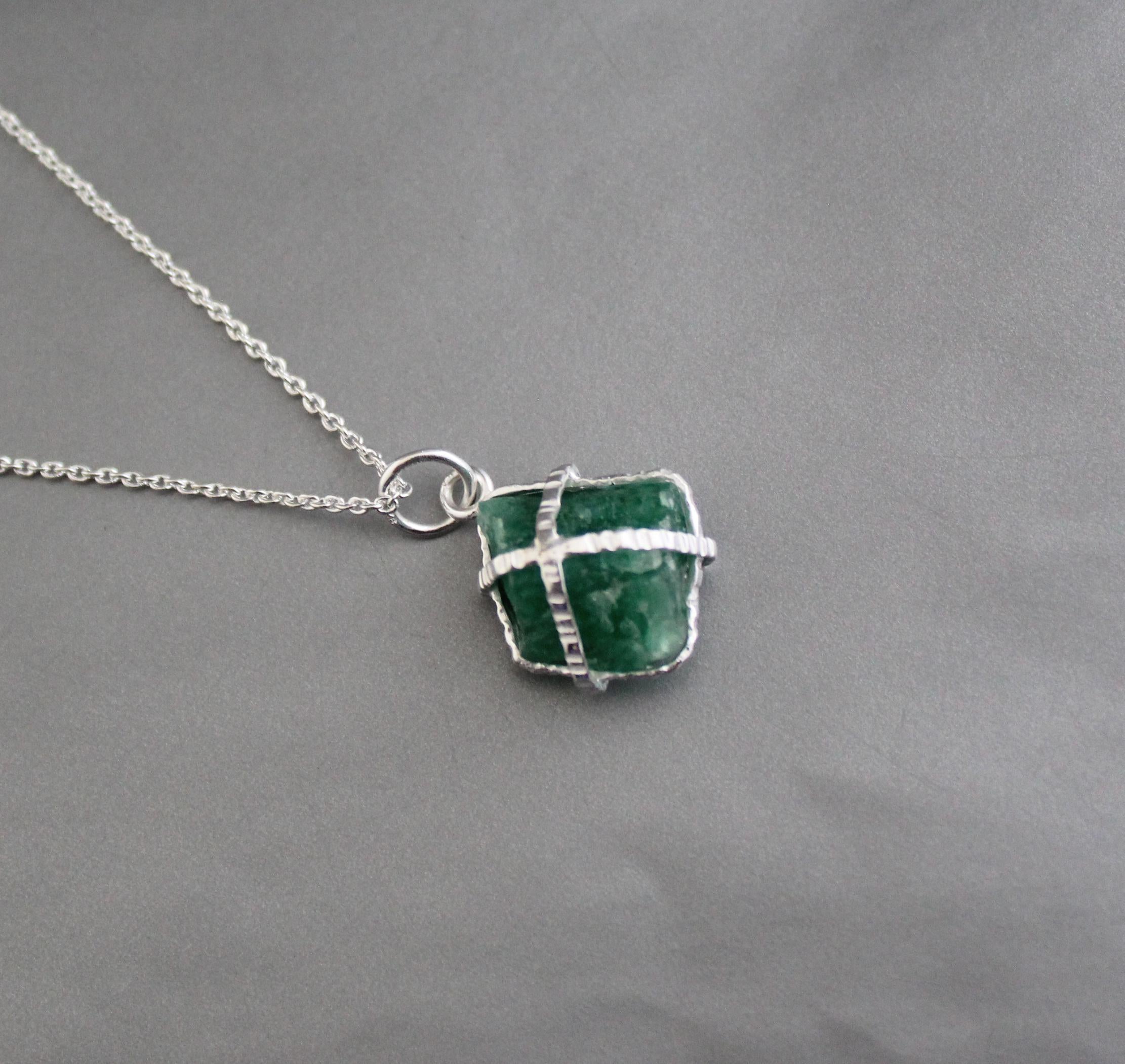 Raw Emerald Necklace, May Birthstone Necklace, Natural Gemstone Necklace, Sterling silver Necklace, Green Pendant, Handmade Jewelry