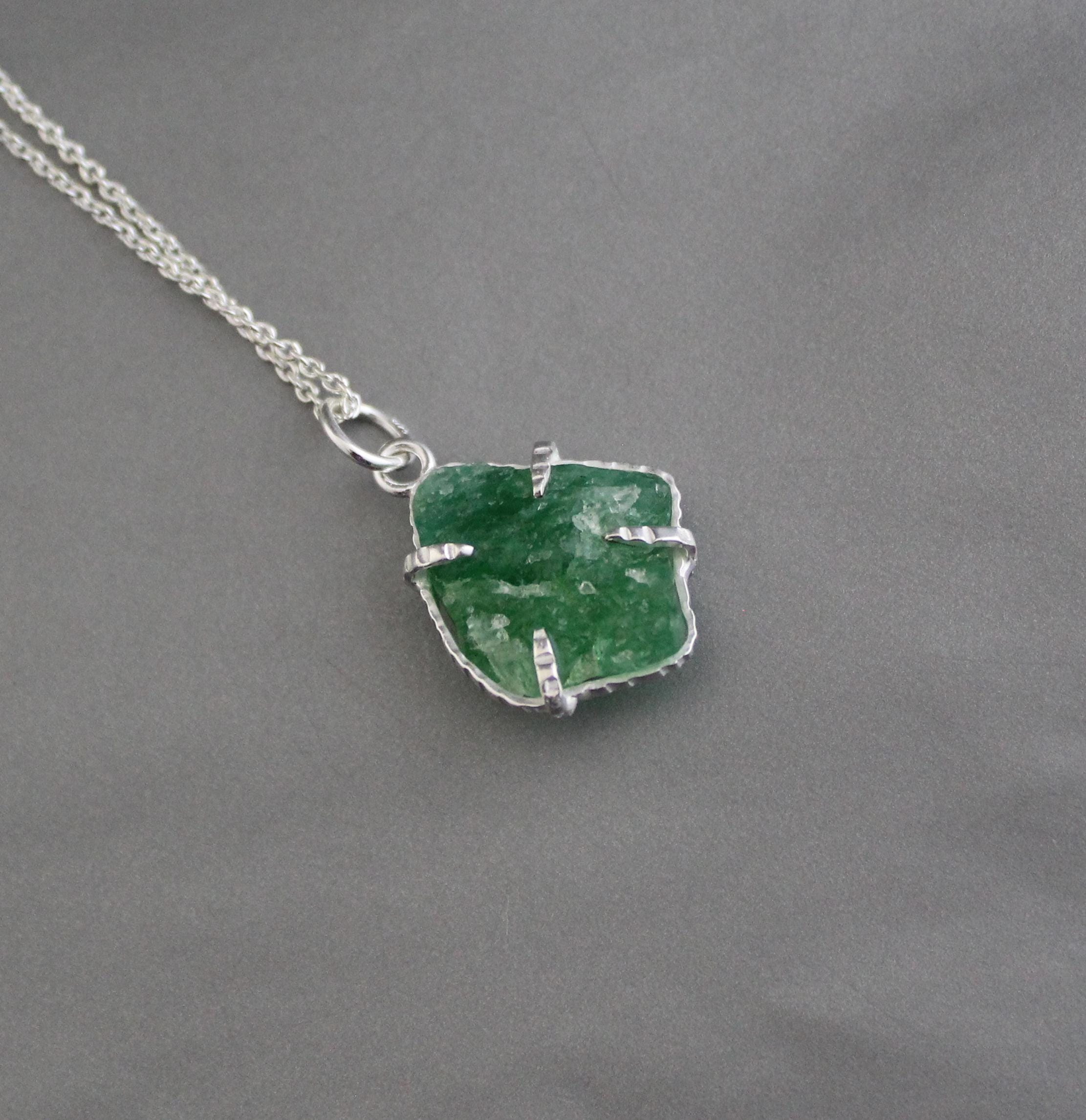 Raw Emerald Necklace, May Birthstone Necklace, Natural Gemstone Necklace, Sterling silver Necklace, Green Pendant, Handmade Jewelry