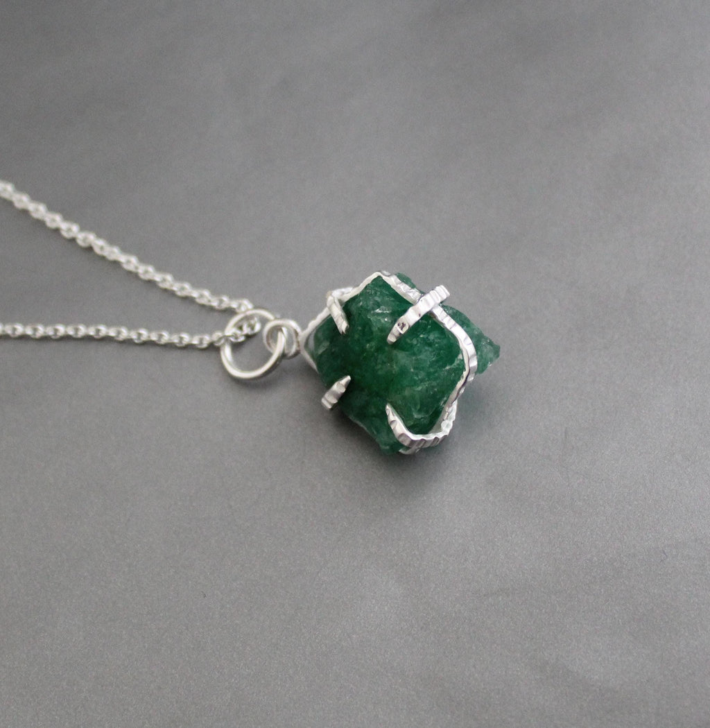 Raw Emerald Necklace, May Birthstone Necklace, Natural Gemstone Necklace, Sterling silver Necklace, Green Pendant, Handmade Jewelry