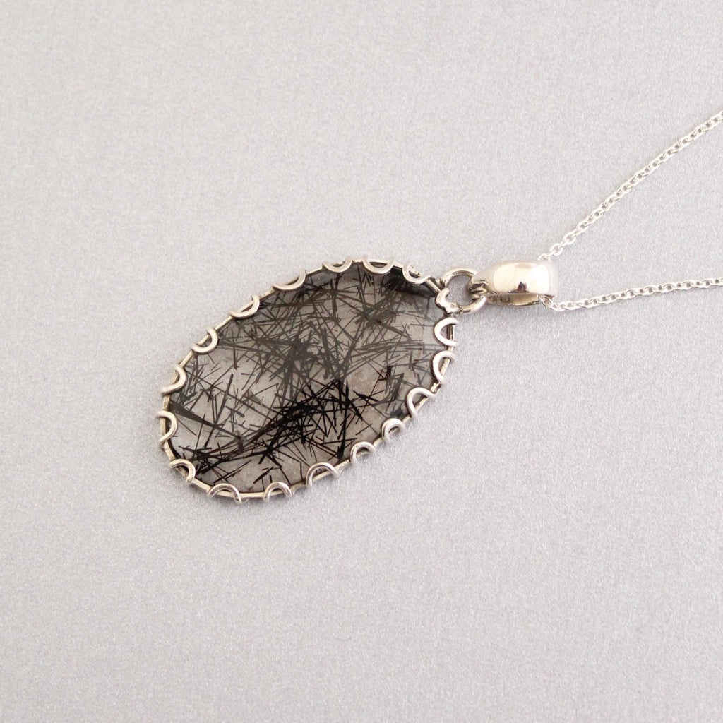 Black Rutilated Quartz Necklace, Sterling Silver Healing Crystal Pendant, Rutile jewelry, Gemstone pendant