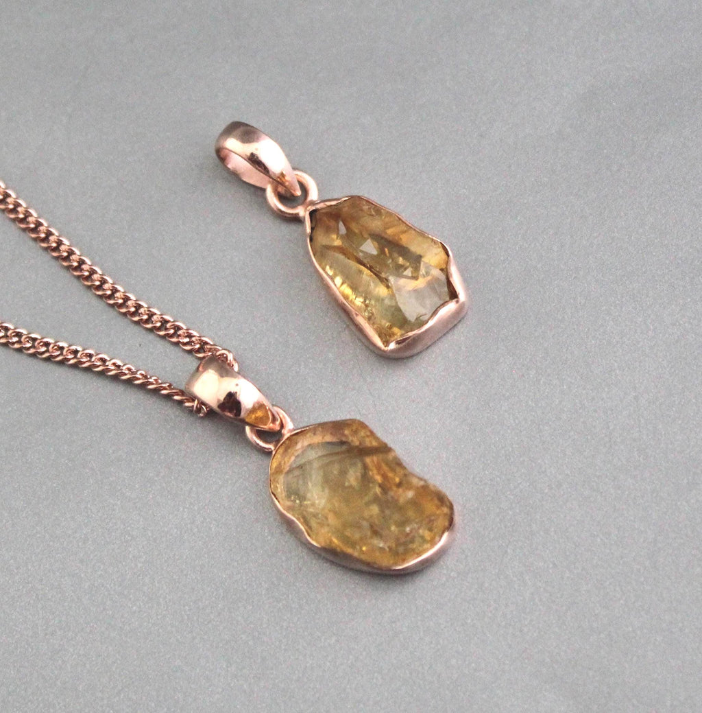 Raw Citrine Necklace: Sterling Silver Rose Gold Pendant, November Birthstone