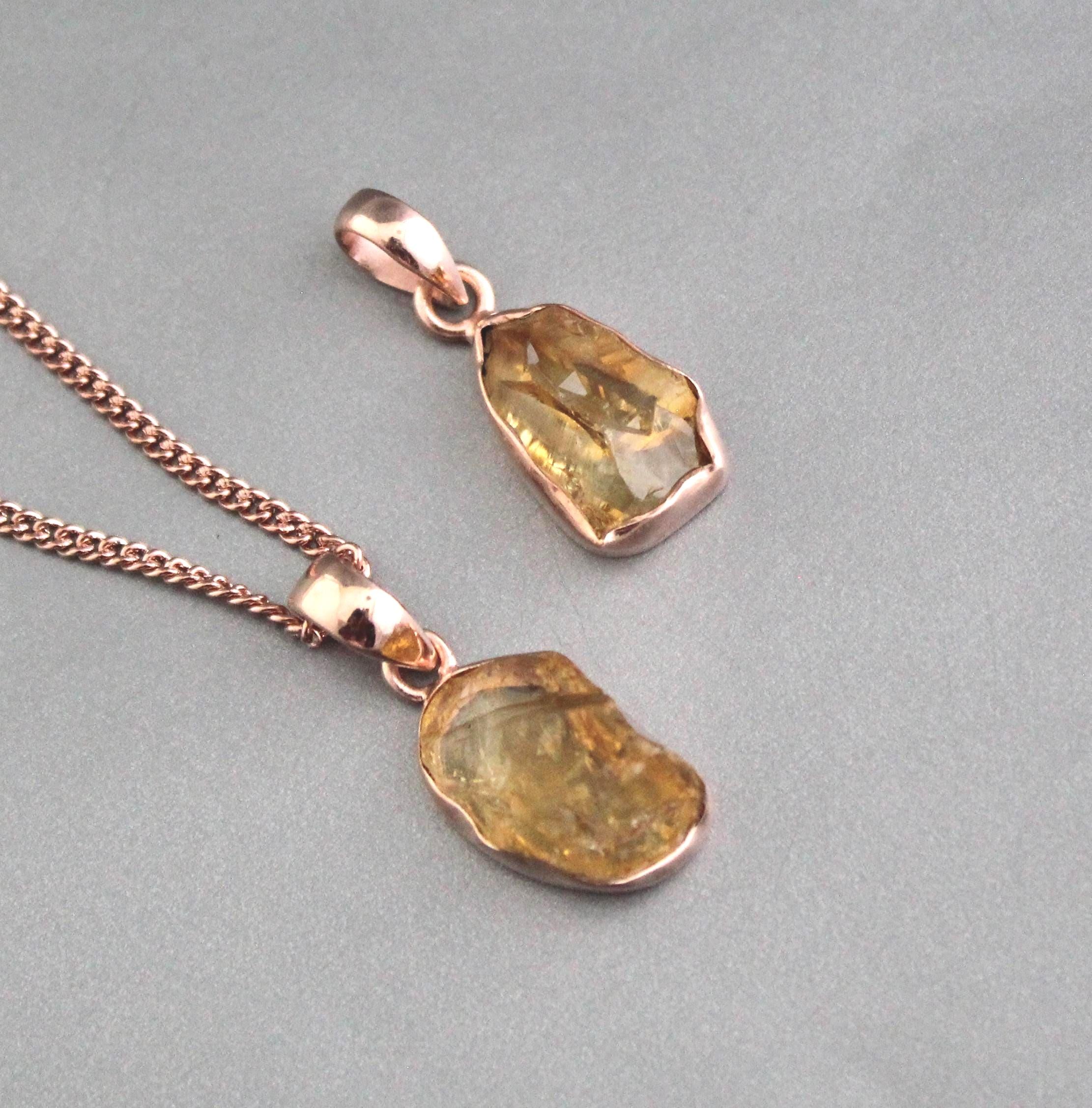 Raw Citrine Necklace: Sterling Silver Rose Gold Pendant, November Birthstone