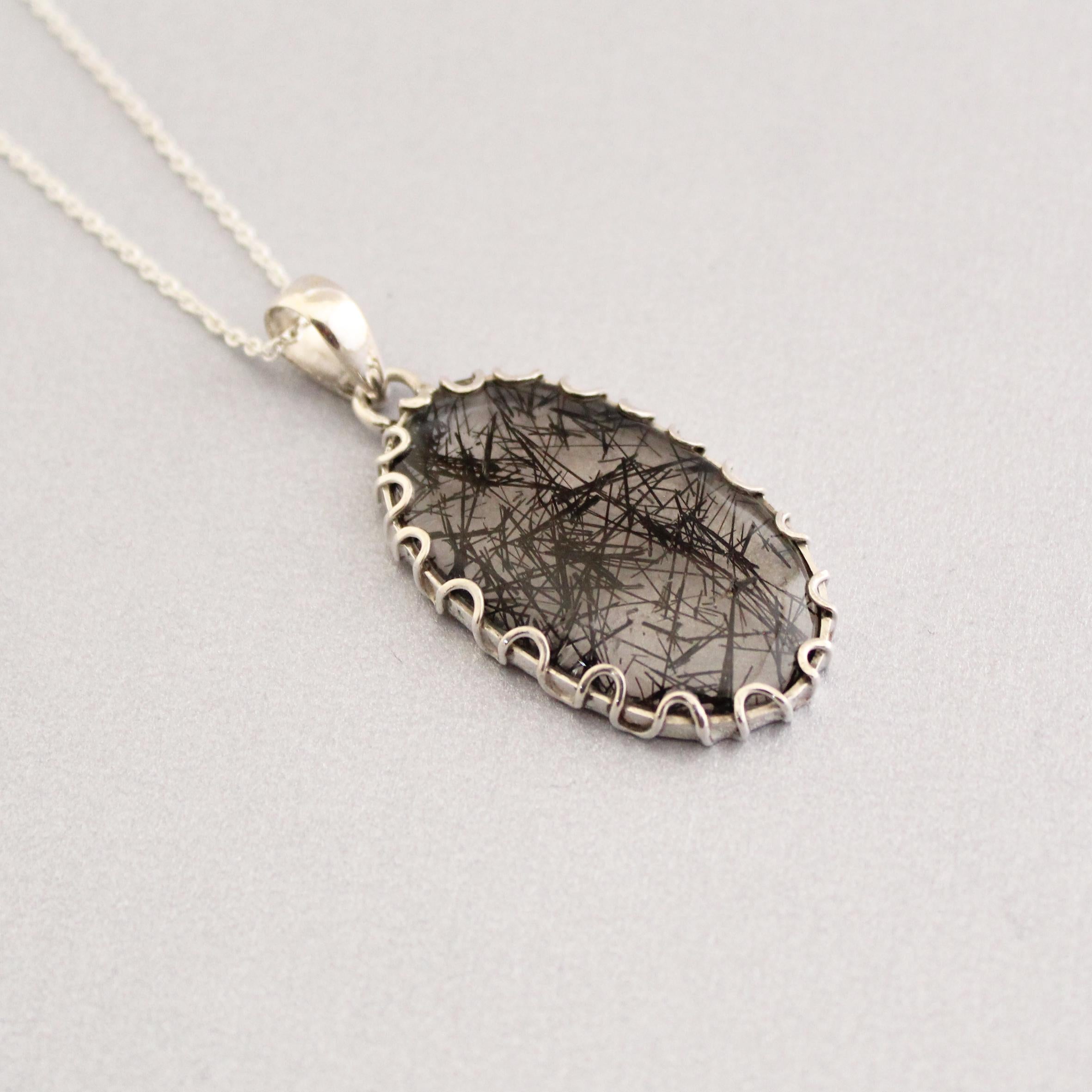 Black Rutilated Quartz Necklace, Sterling Silver Healing Crystal Pendant, Rutile jewelry, Gemstone pendant