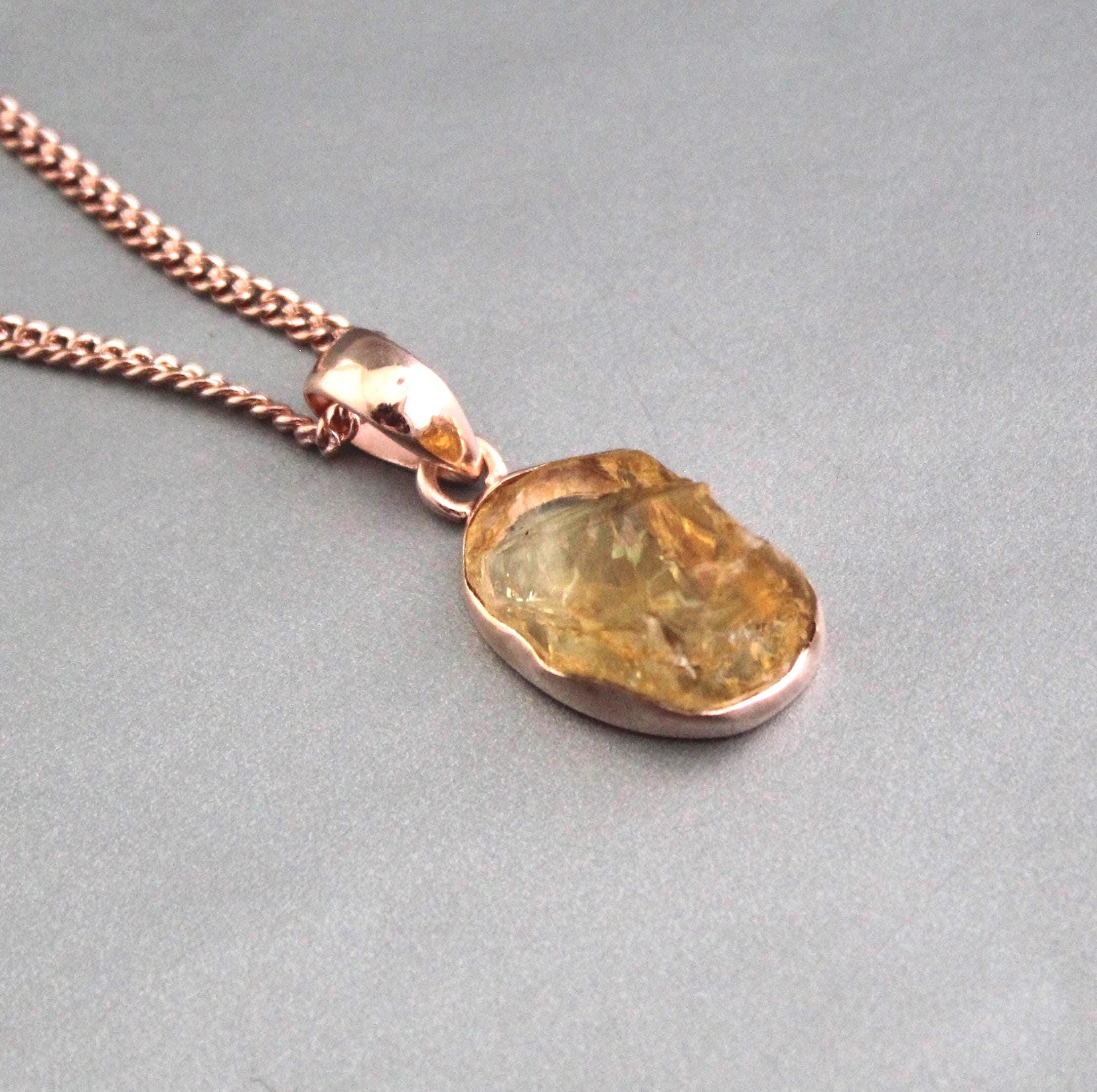 Raw Citrine Necklace: Sterling Silver Rose Gold Pendant, November Birthstone