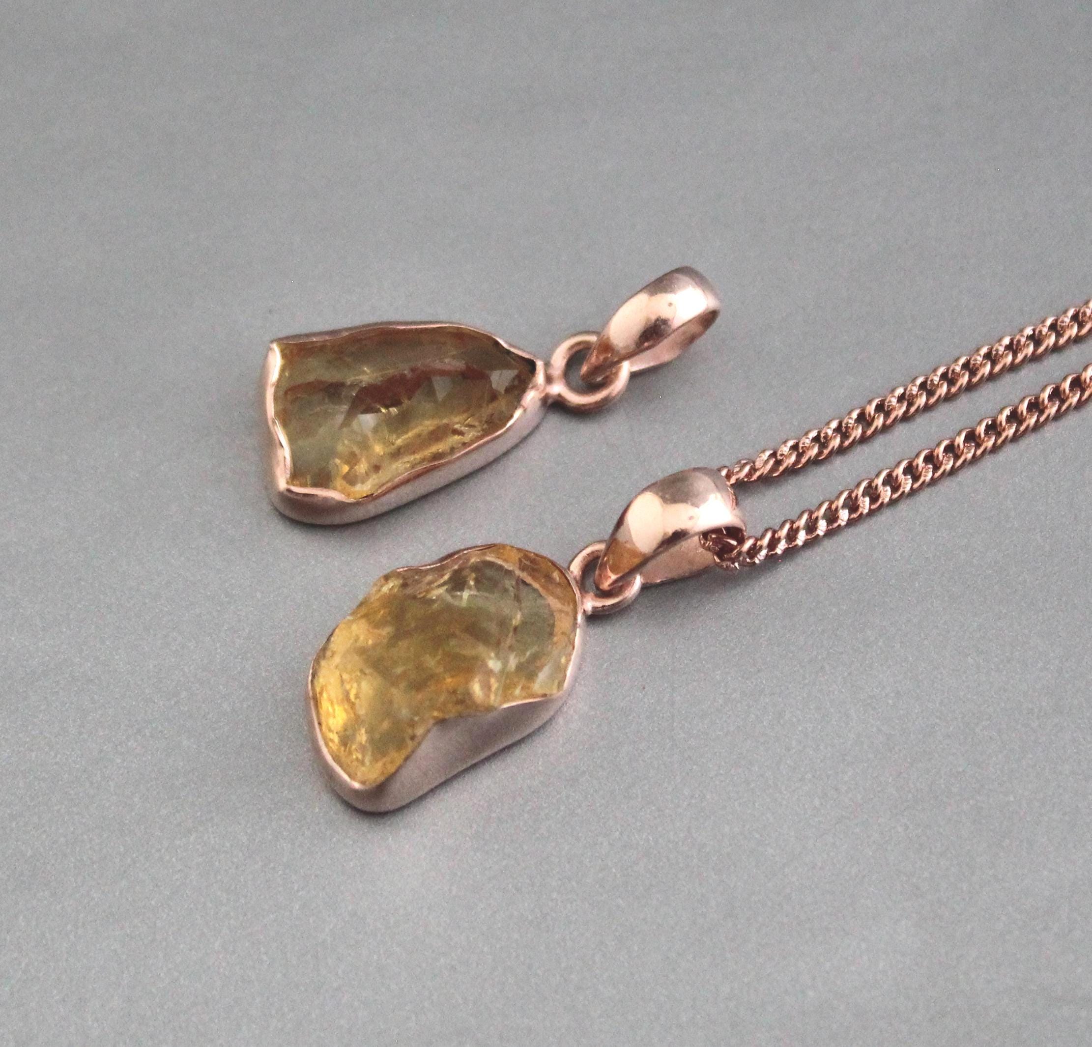 Raw Citrine Necklace: Sterling Silver Rose Gold Pendant, November Birthstone