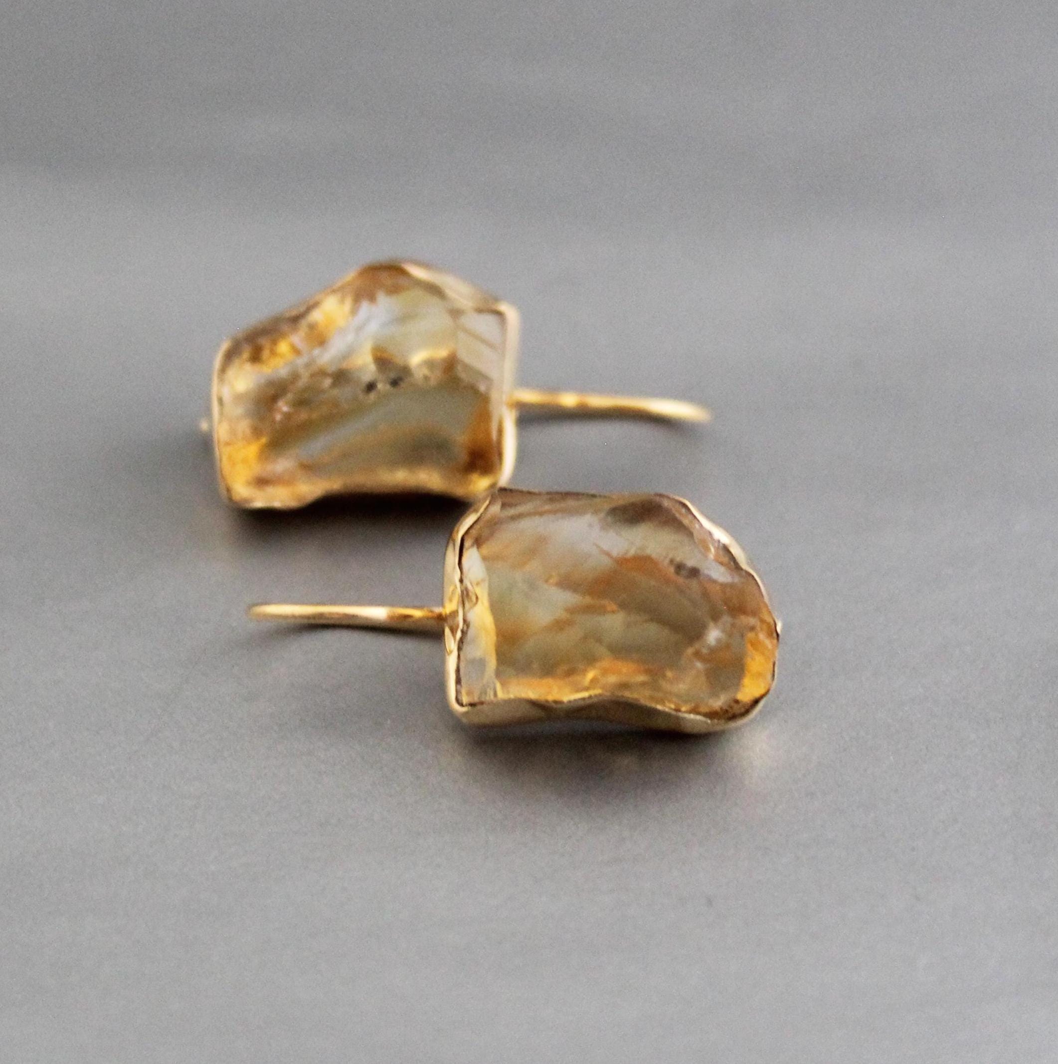 Raw Citrine Earring, Gold earrings, Raw Crystal Earrings, Raw Stone Earrings, Boho Earring, Birthday gift Ideas, November Birthstone Jewelry